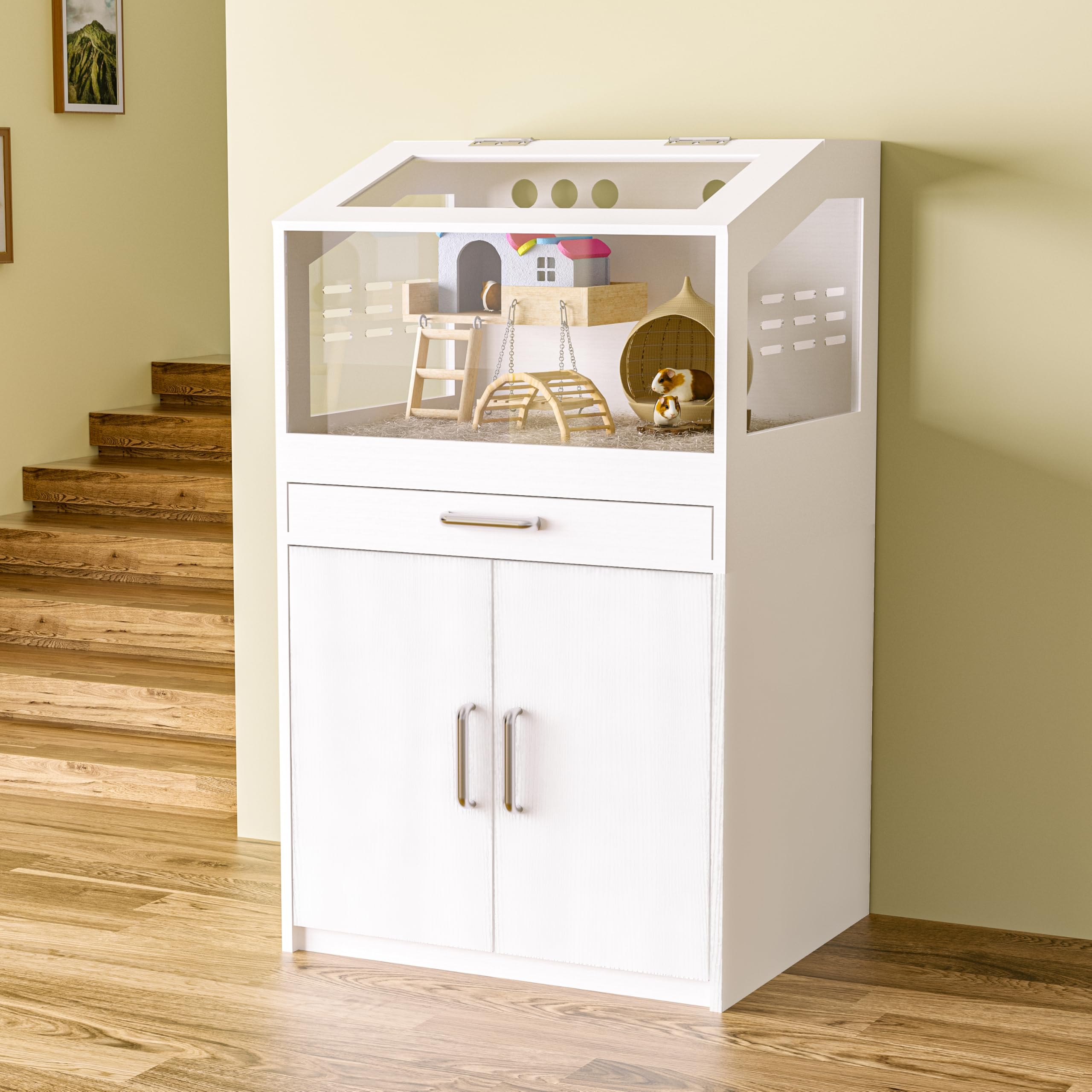 Betterhood Hamster Cage With Storage Cabinet, Guinea Pig Cage For Small Animals, Large Hamster Cage And Habitat With Easy View A