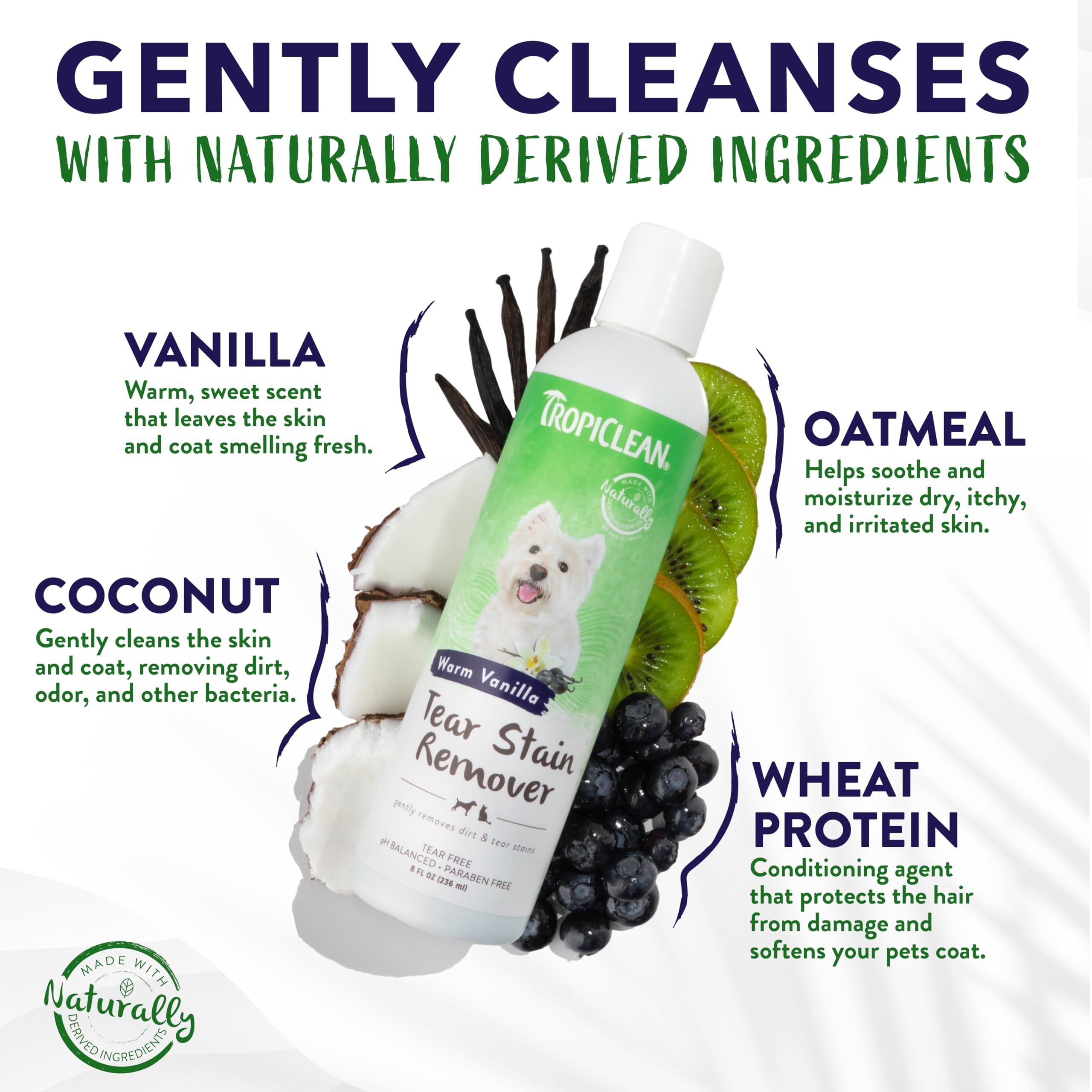 TropiClean Warm Vanilla Tear Stain Remover for Dogs | Tearless Blueberry Facial for Dogs | Ideal for White Dogs & All Other Coat