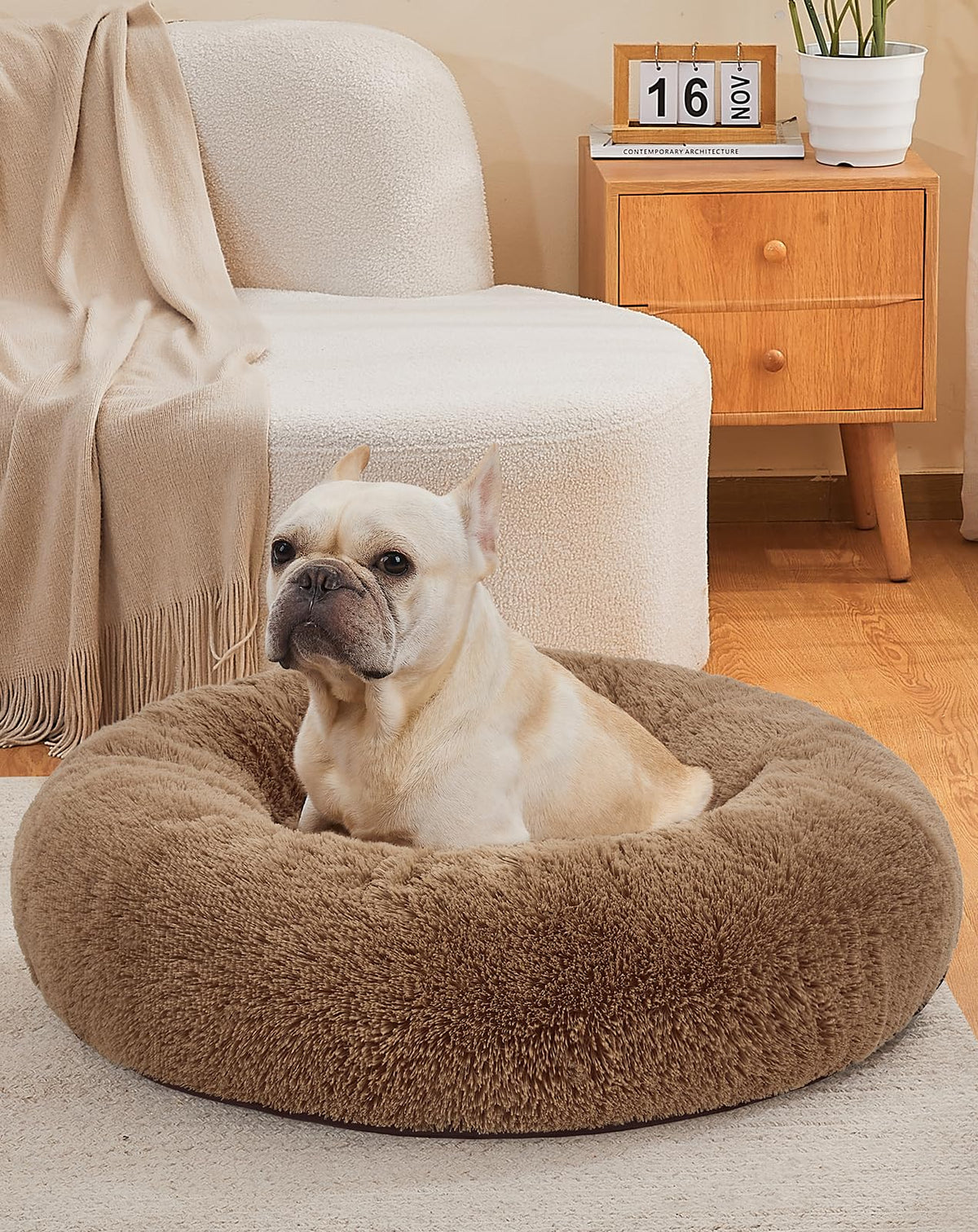 Ohgeni Calming Donut Dog Bed Pillow For Medium Pets, Machine Washable Removable Cover, Comfort Plush Fluffy Faux Fur With Anti-Slip Bottom, Cats-Friendly Round Cuddly Design, Ocher, 30 Inches