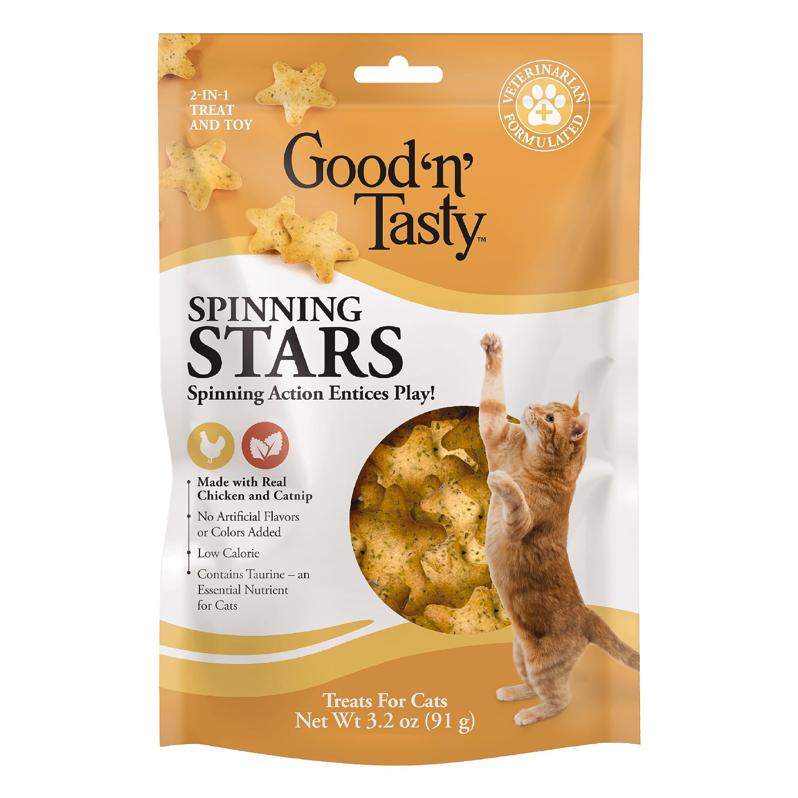 Good n Tasty Spinning Stars Cat Treat, 3.2 Ounces, 2-in-1 Treat & Toy Made with Real Chicken, Chicken Liver & Catnip, Encourages