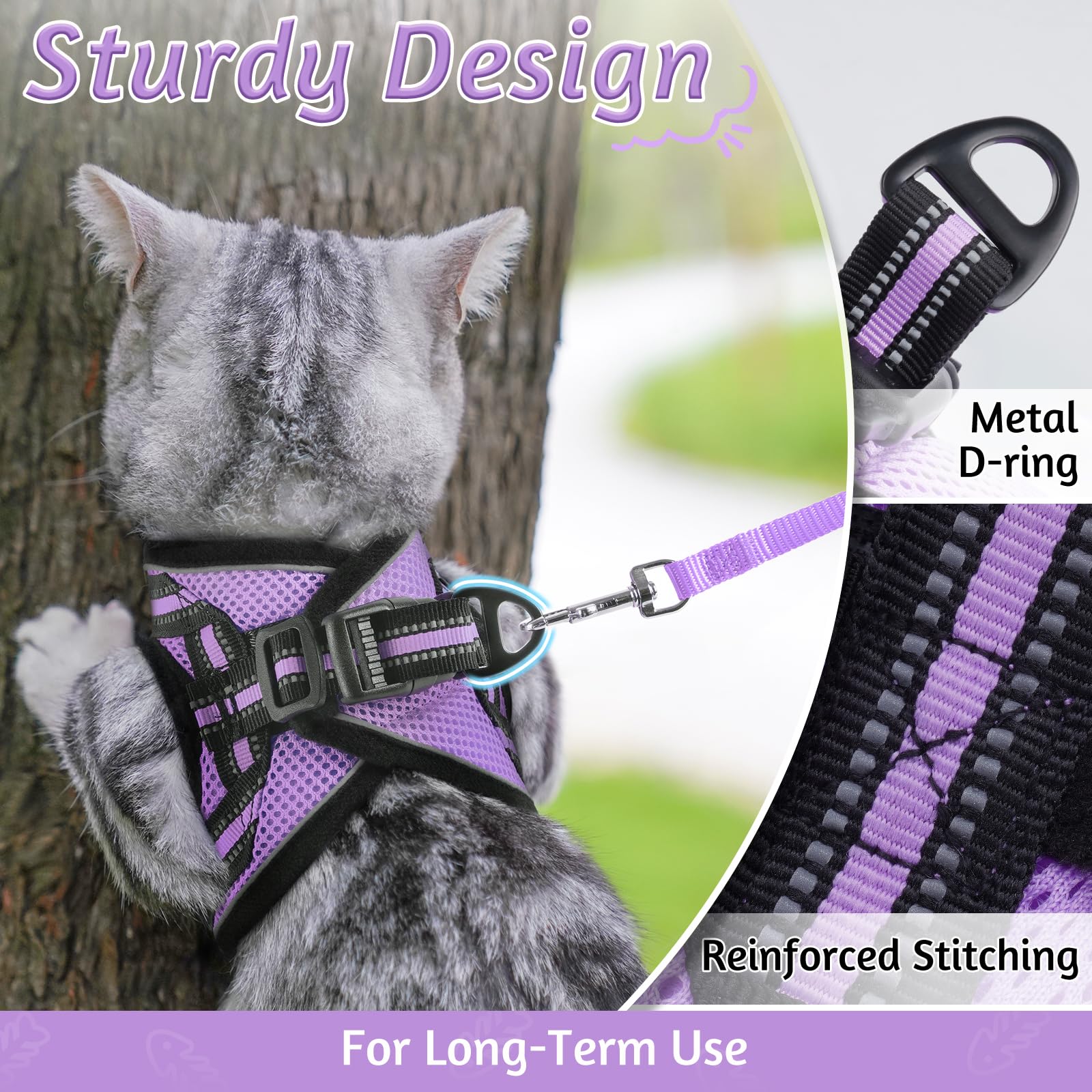 Rabbitgoo Cat Harness And Leash Set For Walking Escape Proof, Adjustable Soft Kittens Vest With Reflective Strip For Cats, Comfortable Outdoor Vest, Light Purple, S