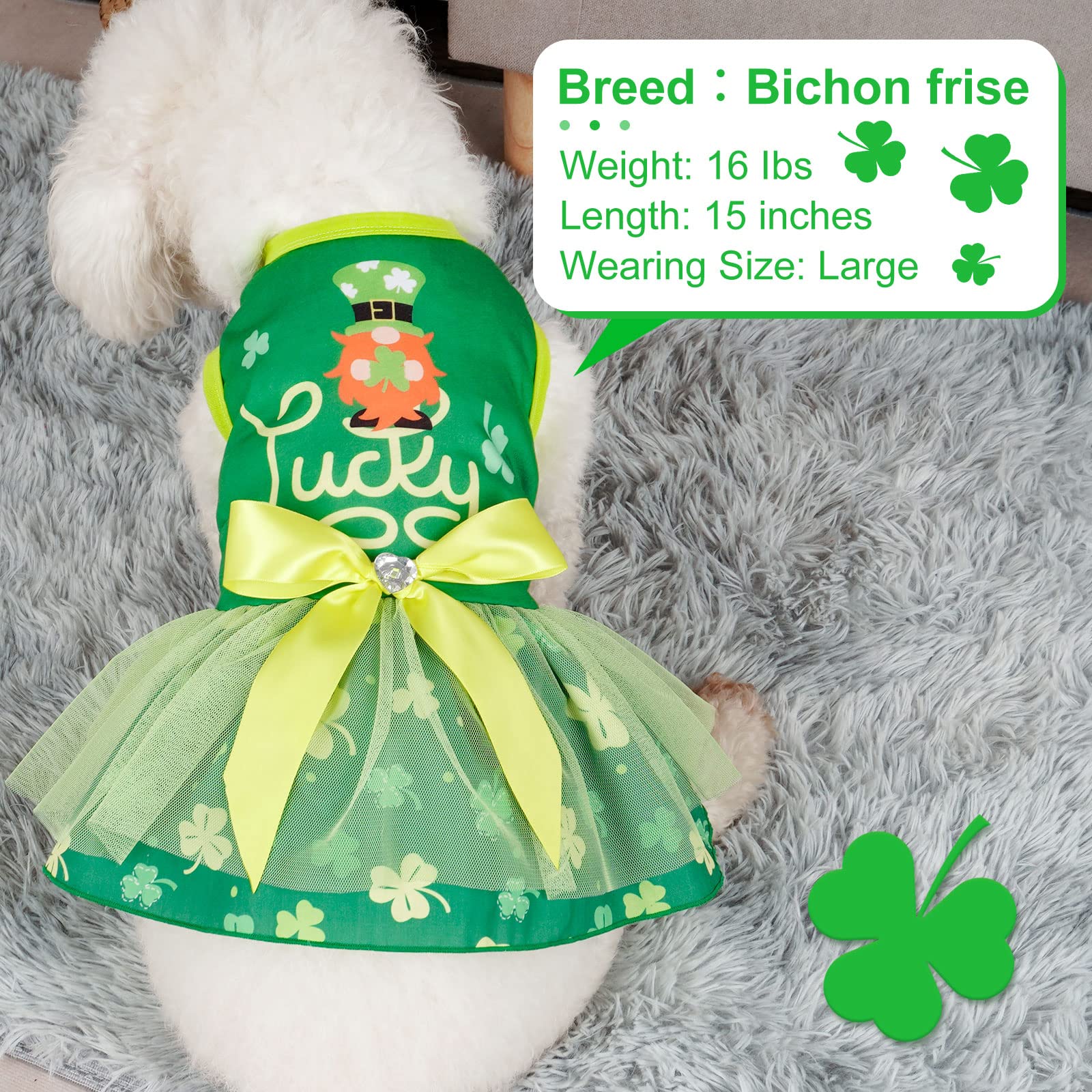 Cyeollo St. Patrick'S Day Dog Dress Lucky Shamrock Dog Tulle Skirt With Bowtie For Small Dogs Puppy