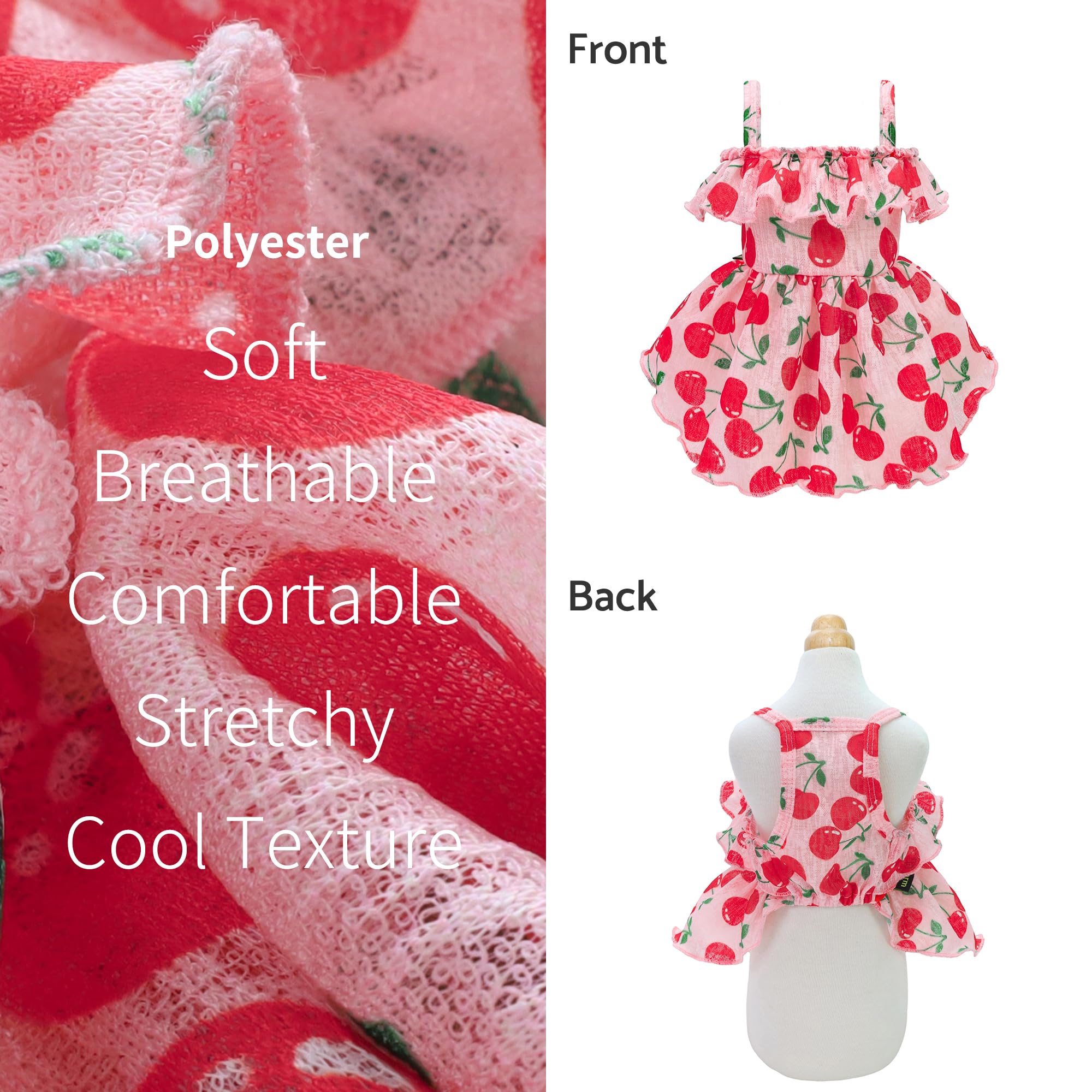 Fitwarm Cherry Dress, Clothes For Small Dogs Girl, Ruffled Hawaiian Pet Outfit, Female, Pink, Red, Medium