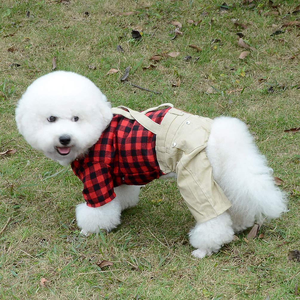 Smalllee_Lucky_Store Pet Clothes For Small Dog Cat Red Plaid Shirts Sweater With Khaki Overalls Pants Jumpsuit Outfits L