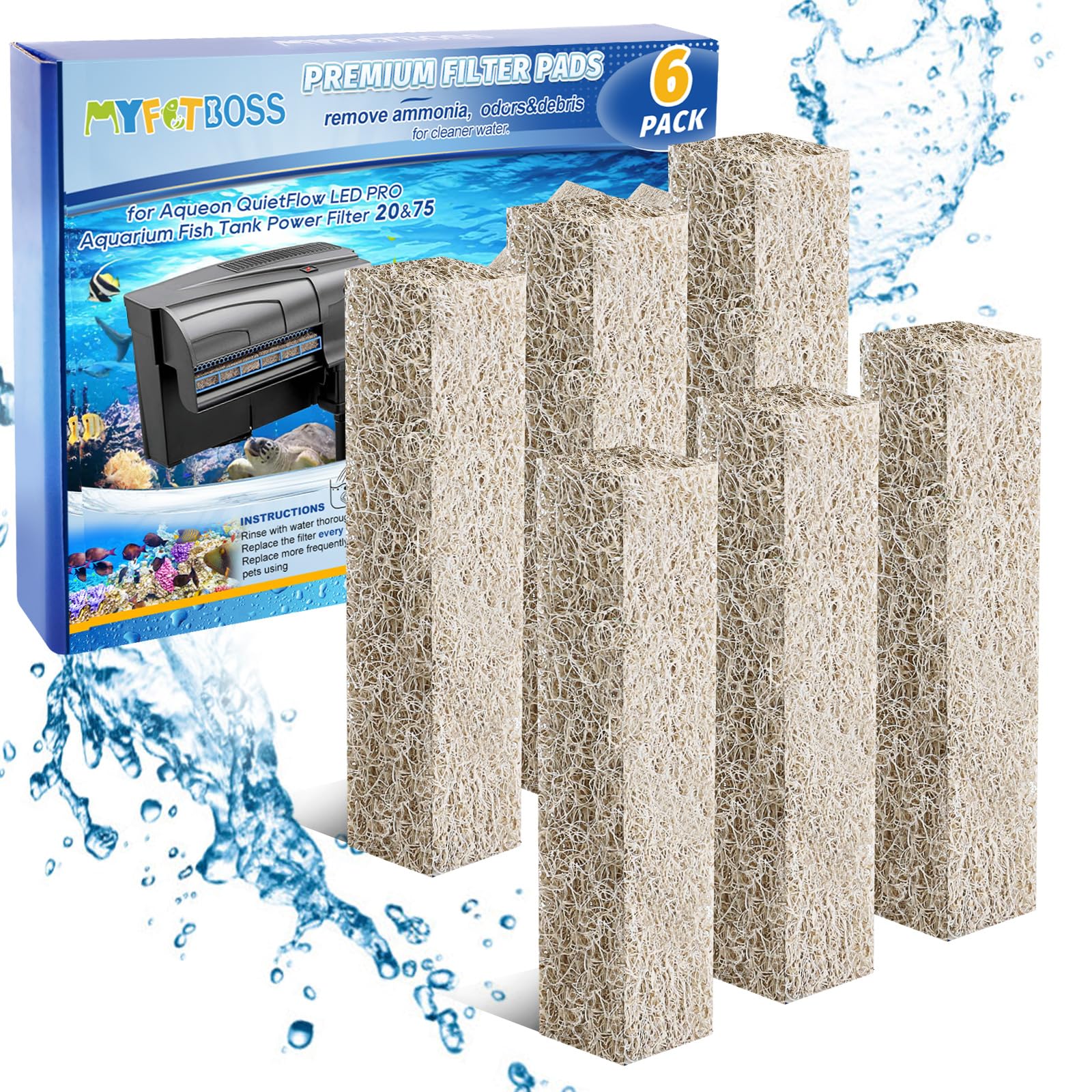 Cunina Ammonia Reducer Filter Pads Compatible With Aqueon Quietflow 20 & 75, Sponge Replacement Filter Cartridges For Aqueon Qui