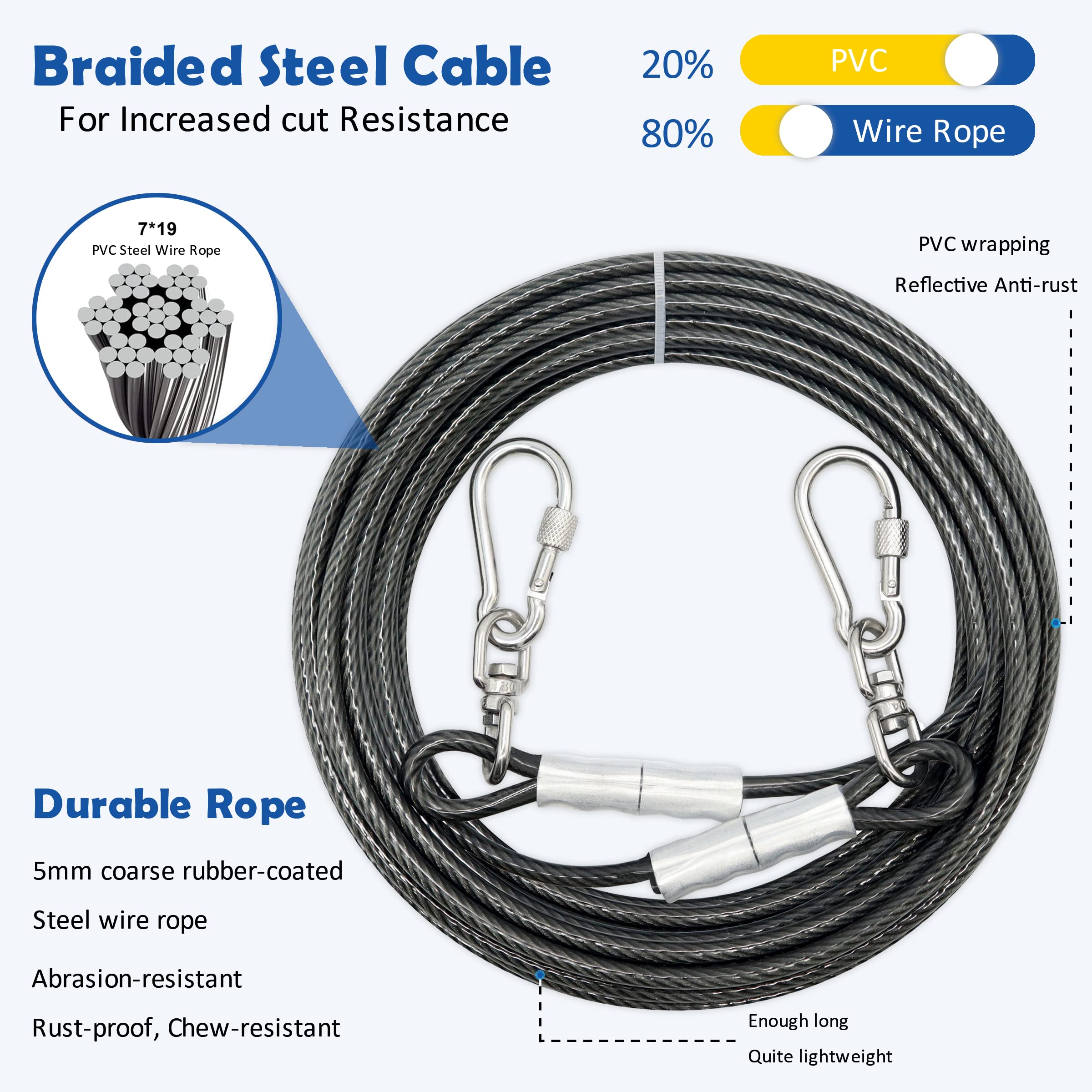 Myaxbd 50Ft Heavy Duty Tie Out Cable - Chew-Proof Long Dog Leash, Durable Dog Chain & Lead For Large Dogs, Outdoor Yard & Campin