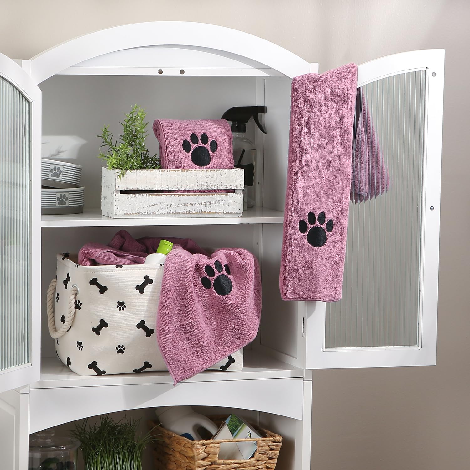 Bone Dry Pet Robe Collection, Trellis Paw Print, Absorbent Microfiber Bath Robe with Adjustable Closure for Dogs & Cats, Small, Stonewash Blue