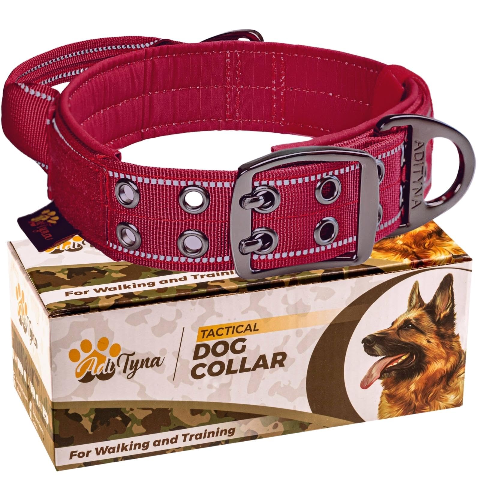 Adityna Heavy Duty Dog Collar For Medium Dogs - Reflective Burgundy Collar With Handle For Training, And Walking - Wide, Thick, 