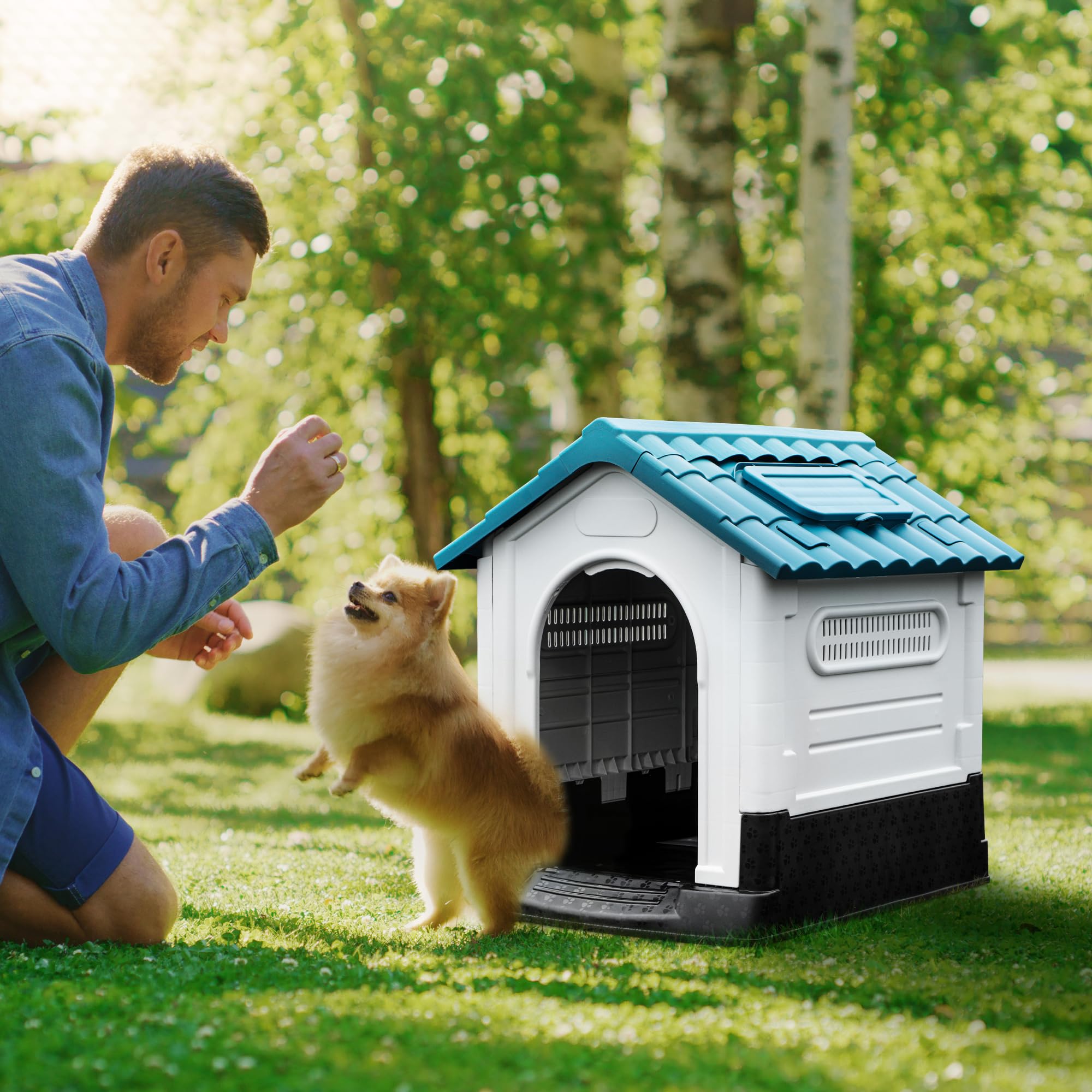 YITAHOME Folding Dog House, 26.8'' L, Water Resistant, Blue Resin, Adjustable Skylight, Elevated Base for Small Dogs