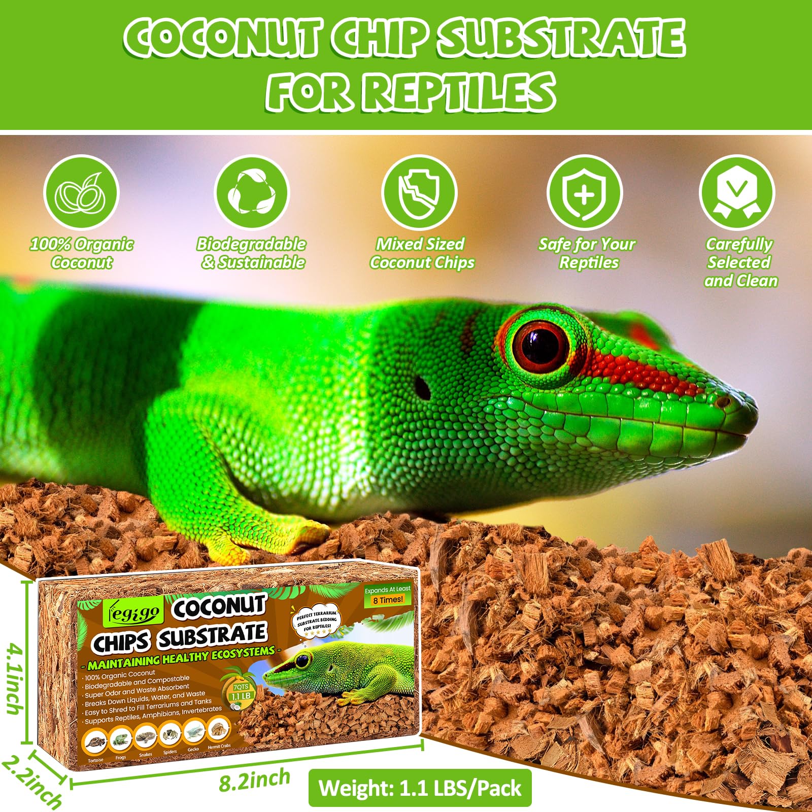 Legigo 4 Pack Coconut Chip Substrate for Reptiles, Natural Coco Husk Chip Reptiles Bedding, Compressed Coconut Chip Substrate fo