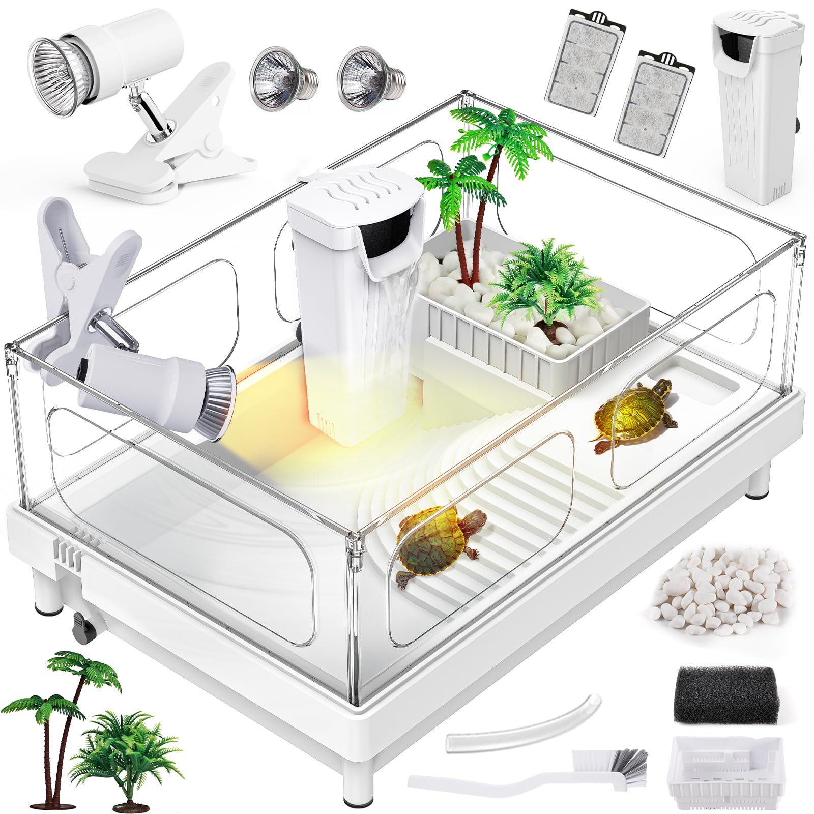 Moonorange Small Turtle Tank Kit(Tank+Light+Filter), Acrylic Turtle Tank Starter Kit With Bask Platform, Bottom Drain, Multi-Fun