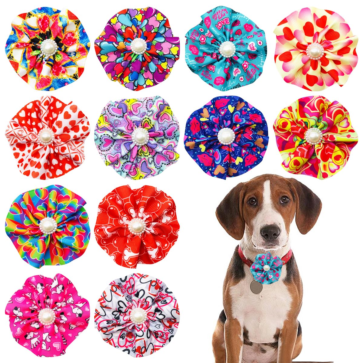 Jpgdn 12Pcs Small Dogs Collar Flowers Pink With Beads For Valentine'S Day For Puppy Doggy Cat Kitten Rabbit Bunny Grooming Attac