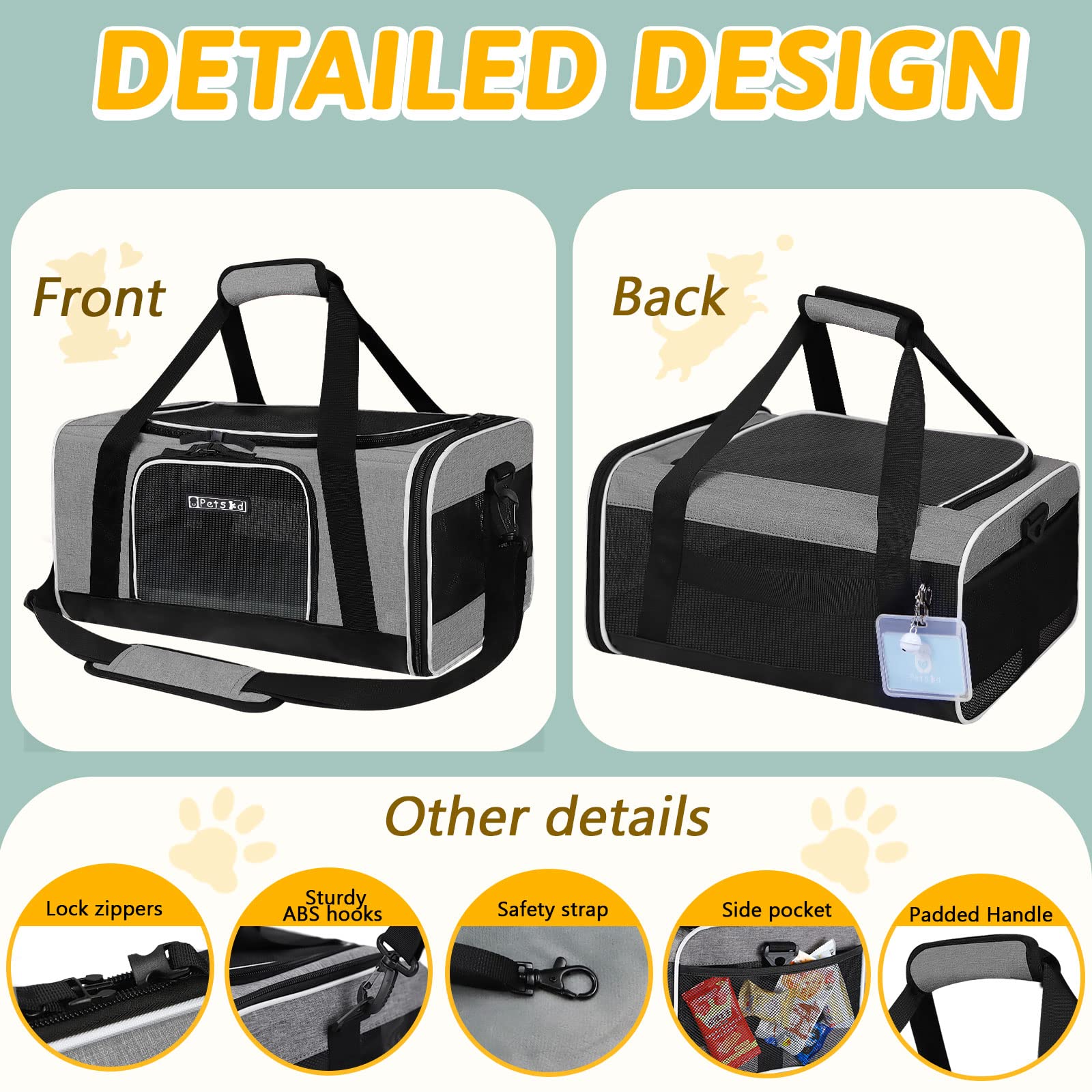 Petskd Pet Carrier 17X11X9.5 Alaska Airline Approved,Pet Travel Carrier Bag For Small Cats And Dogs, Soft Dog Carrier For 1-10 Lbs Pets,Dog Cat Carrier With Safety Lock Zipper(Grey)