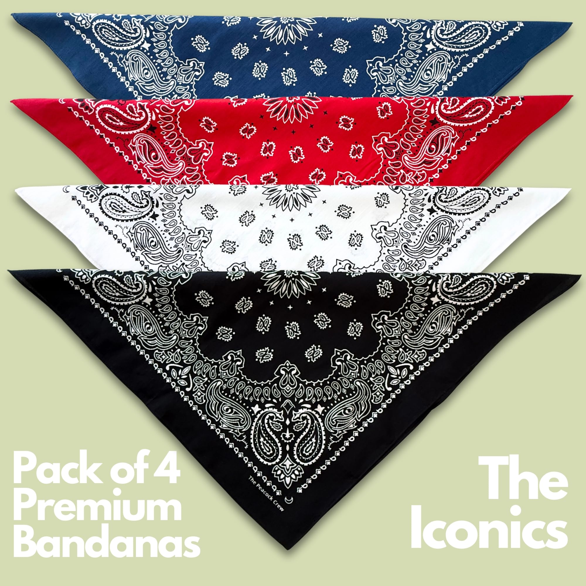 The Peacock Crew Pack of 4 Cotton Bandanas - Premium Paisley Print in Black, White, Red, Navy - Model 69