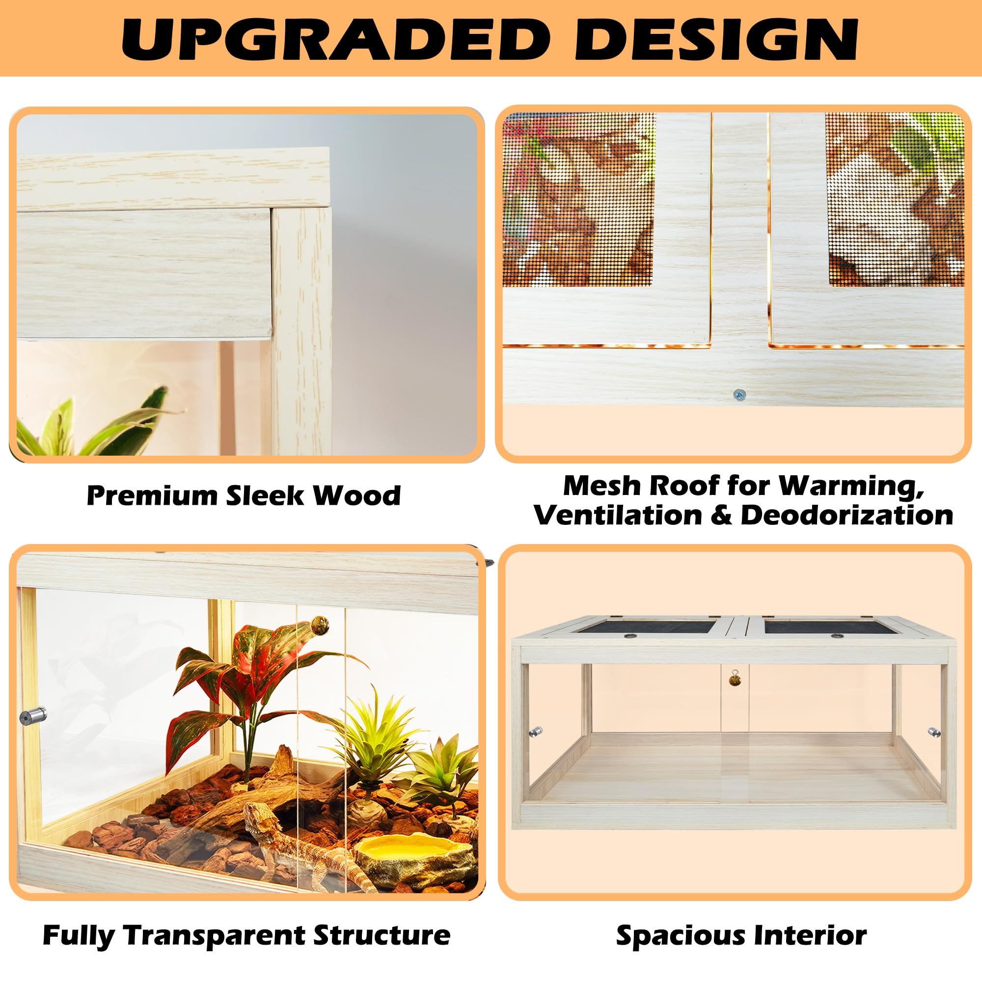 Bearded Dragon Tank 81 Gallon, Lizard Tank, Reptile Tank With Metal Mesh Roof Door, Snake Tank With Lock Design, 48'' Long, Oak