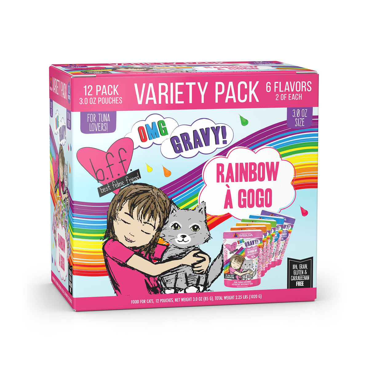 Weruva B.F.F. Omg - Best Feline Friend Oh My Gravy!, Rainbow A Gogo Variety Pack! Cat Food, 3Oz Pouch (Pack Of 12)