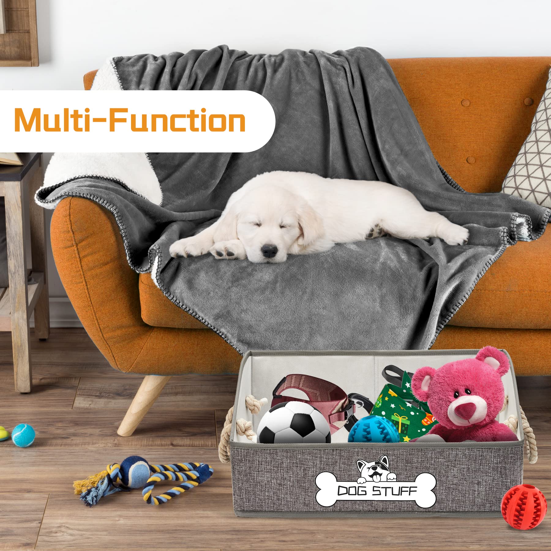 Thankspaw Dog Toy Box, Large Dog Toys Storage with Handle, Collapsible Dog Toy Bin, Fabric Trapezoid Basket Chest Organizer, Per