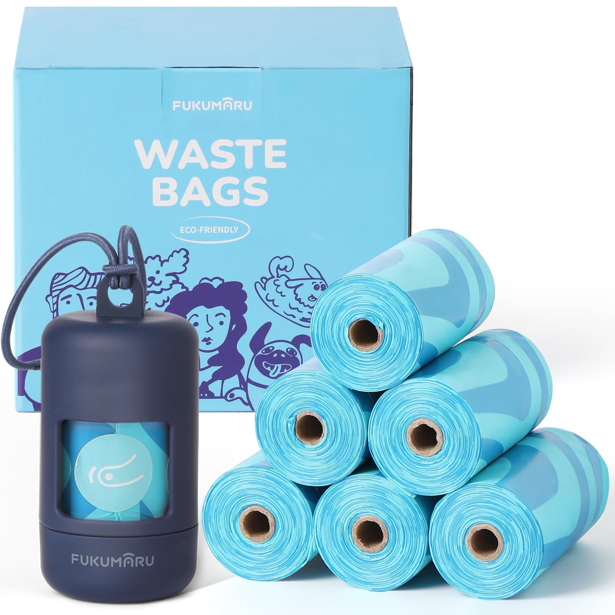 Fukumaru Compostable Dog Poop Bags, Astm D6400 Certified 120 Count - Light Ocean Scented, Leak-Proof & Easy-Twist Top With Blue 