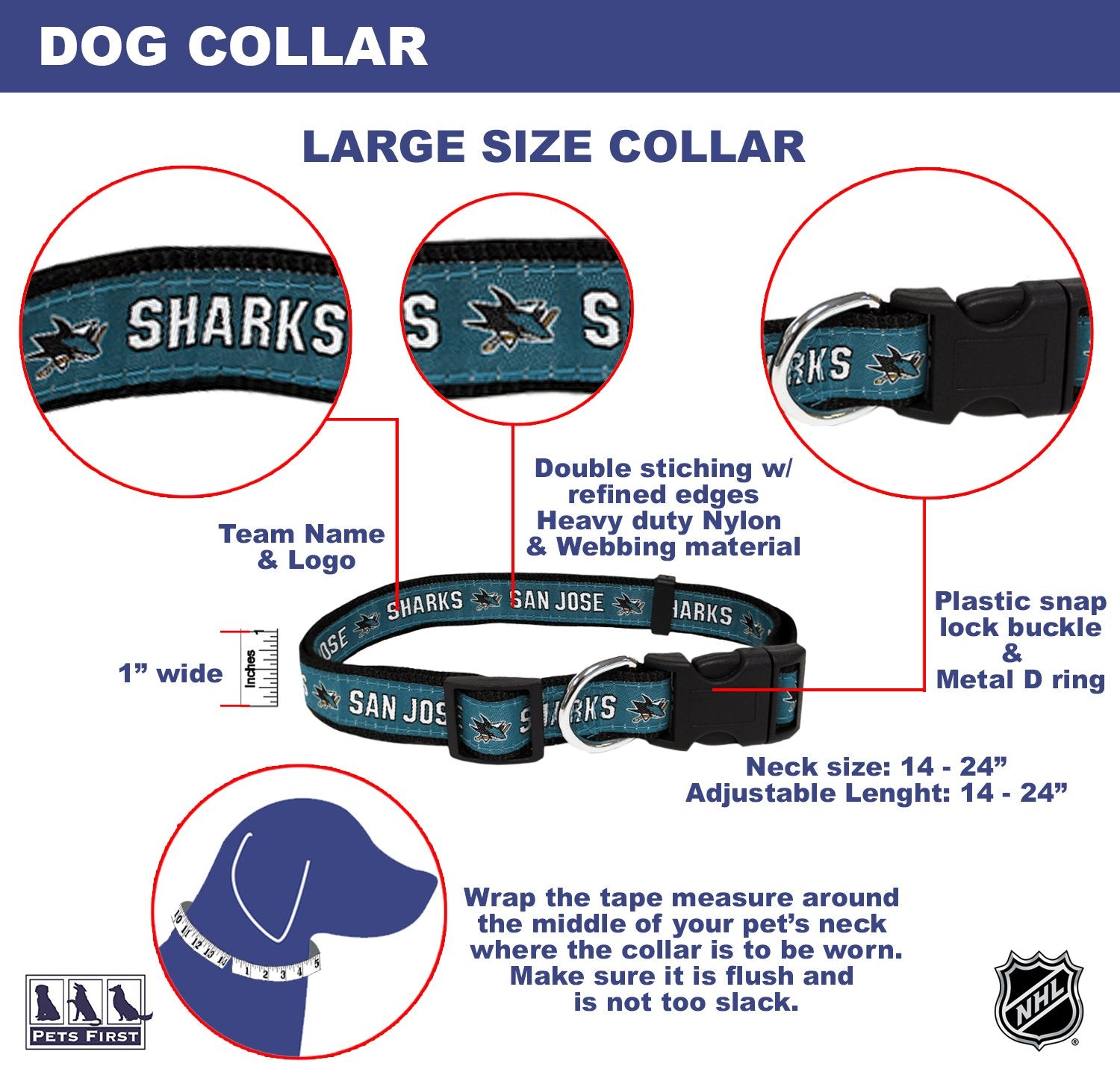 Pets First Nhl San Jose Sharks Collar For Dogs & Cats, Large. - Adjustable, Cute & Stylish! The Ultimate Hockey Fan Collar!
