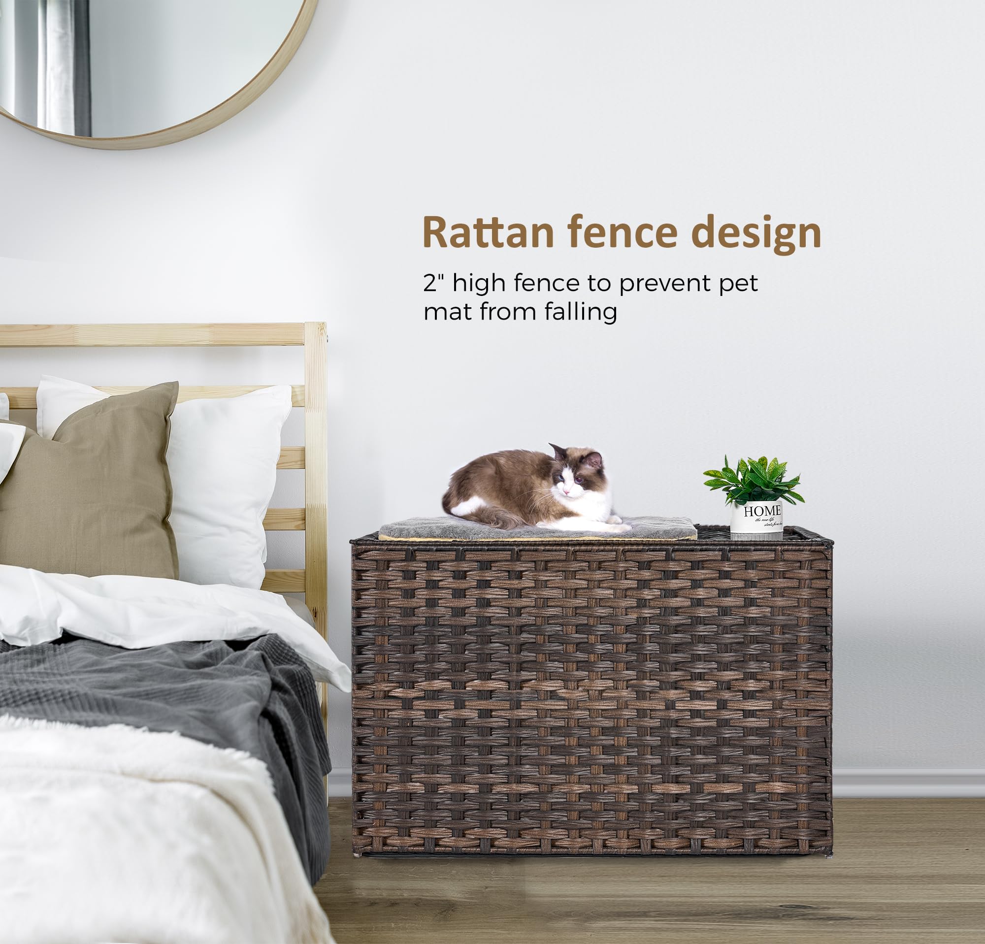 Cat Litter Box Enclosure With Litter Trapping Mat; Handwoven Plastic Rattan Cat House; No Installation Hidden Cat Washroom; Pet