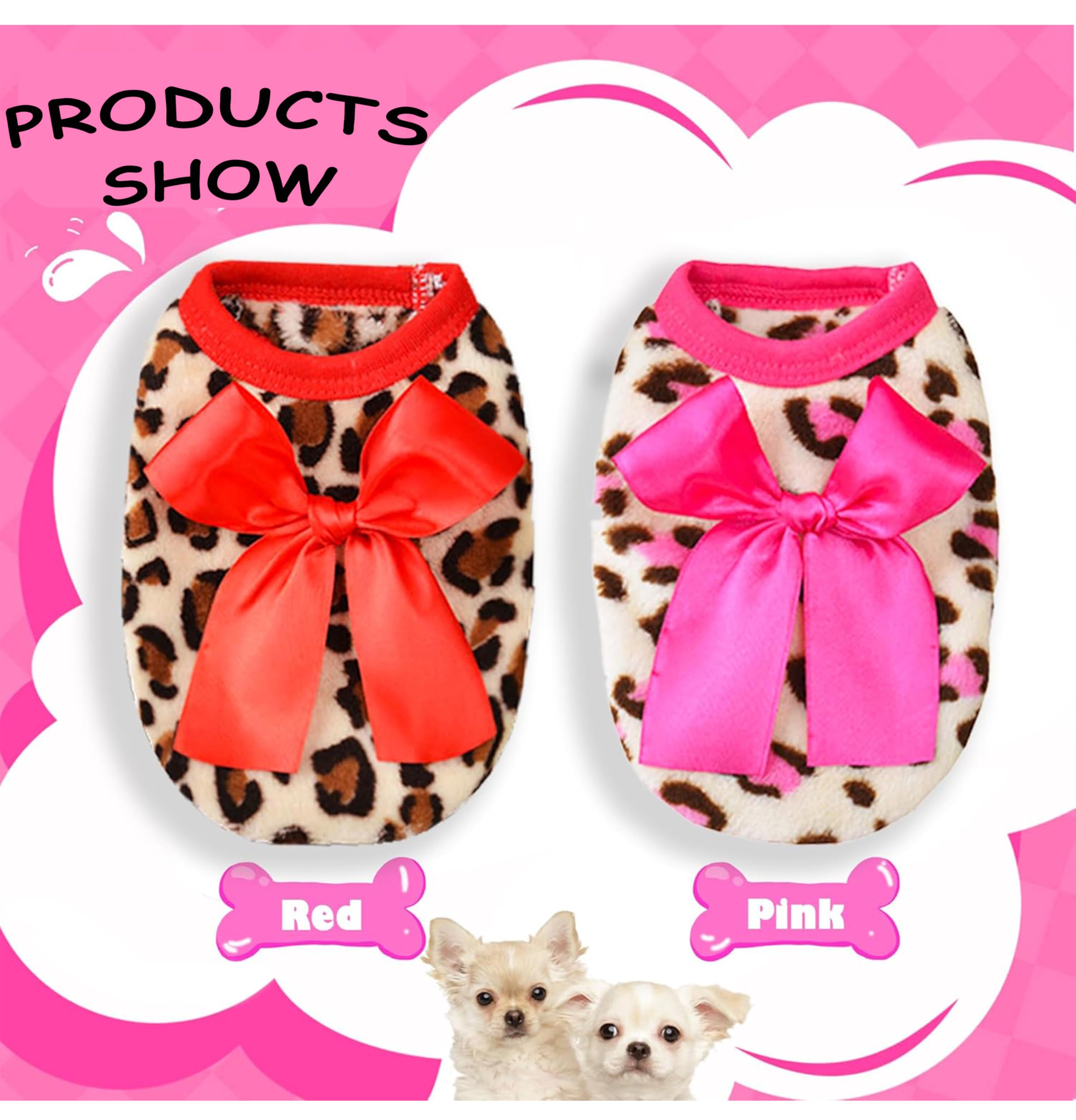 2 Pieces XXS Dog Sweater for Small Dogs - Leopard Teacup Chihuahua & Yorkie Puppy Clothes (Pink+RED, XX-Small)
