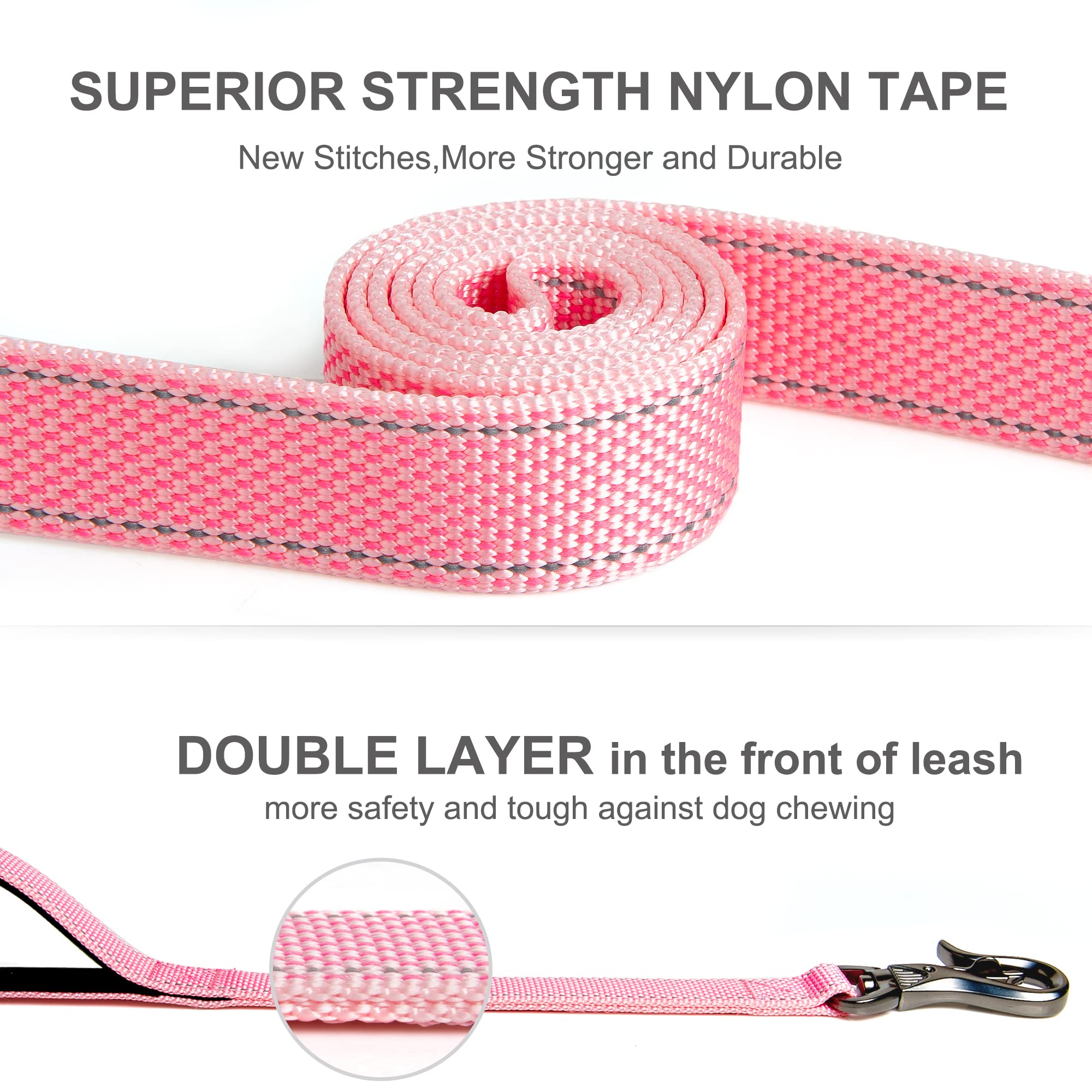 Fida 5 Ft Heavy Duty Dog Leash With 2 Comfortable Padded Handles, Traffic Handle & Advanced Easy Snap Hook, Reflective Walking Lead For Large, Medium & Small Breed Dogs, Pink