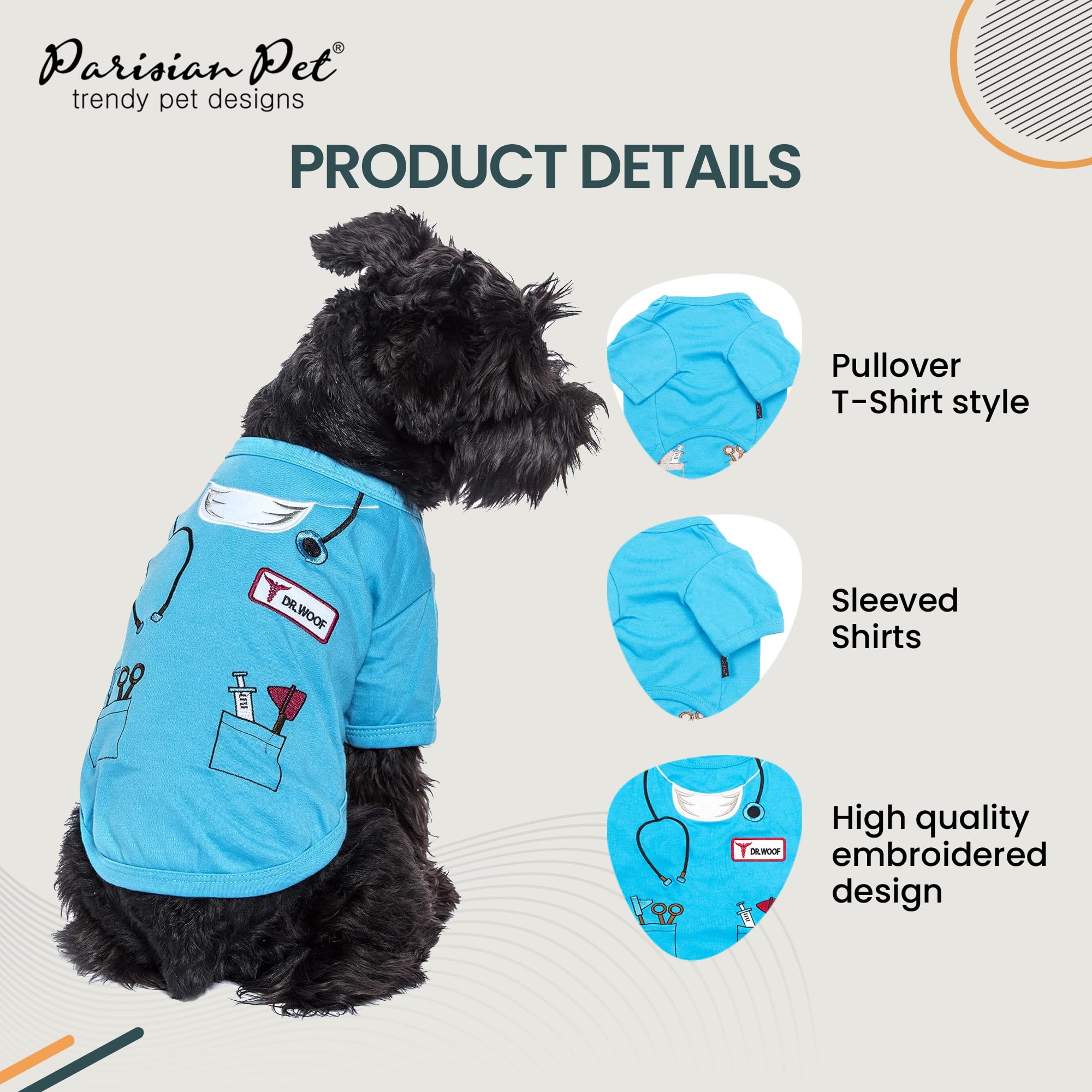 Parisian Pet Doctor Woof Dog Shirt - Embroidered Dog Pirate Costume - 100% Cotton & Polyester Doctor Outfit For Dog - Sleeved Dog Clothes - Blue Funny Dog Shirts For Large Dogs - Pet Costumes - 3Xl