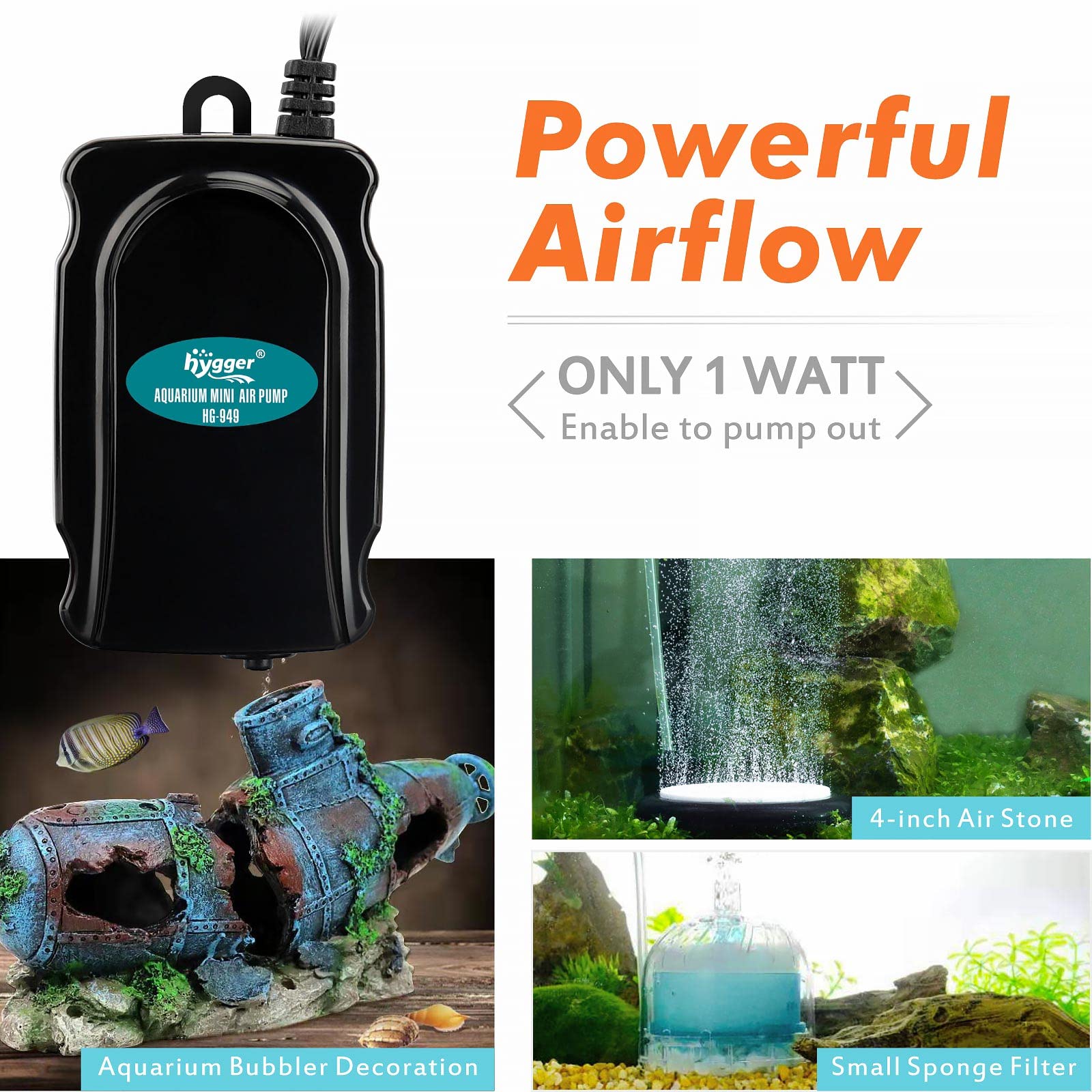 Hygger Mini Aquarium Air Pump Kit Small Fish Tank Air Pump 1W For 1-20 Gallon Fish Bowl With Air Tube Air Bubbler Stone Check Va