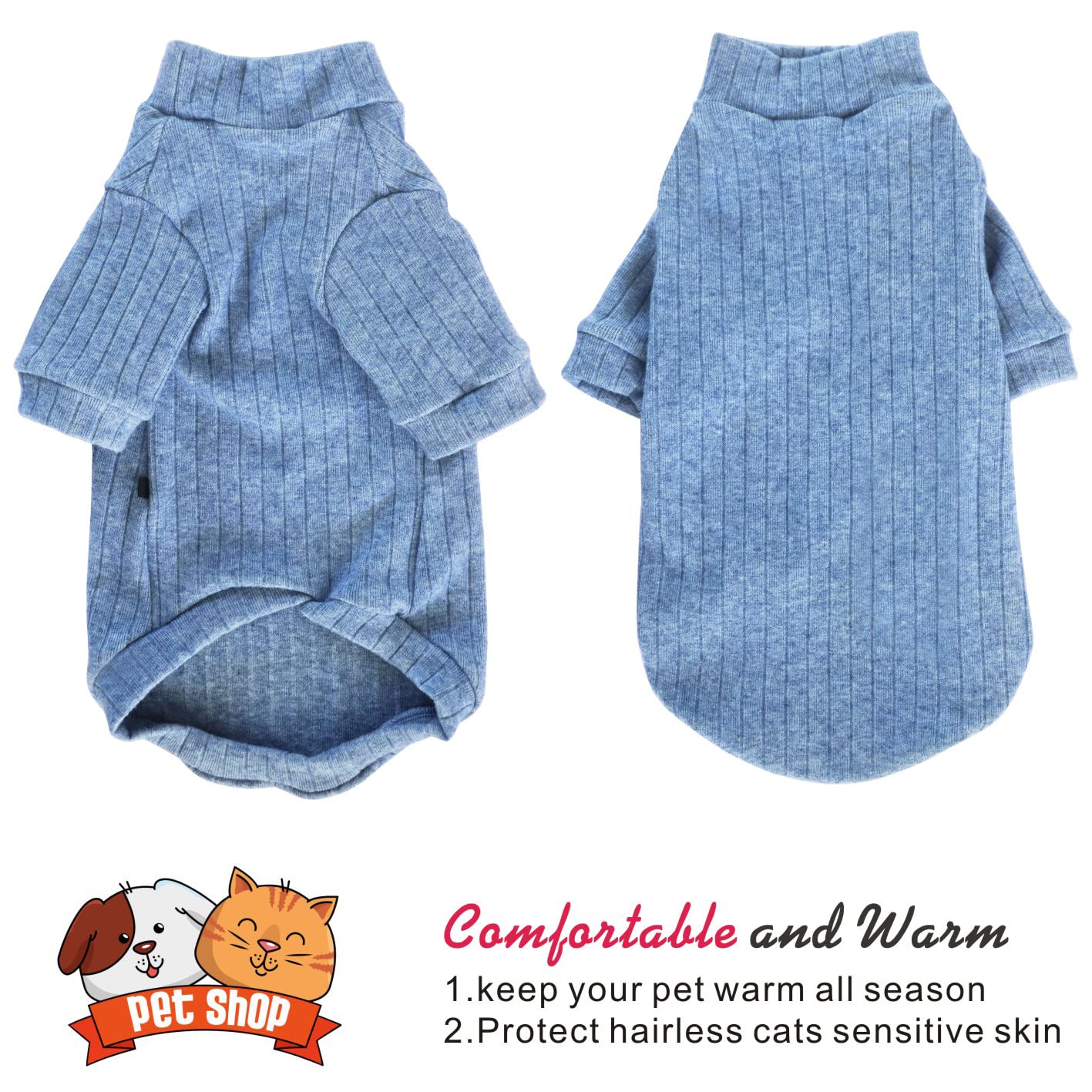 Idepet Sphynx Hairless Cats Sweater Shirt Kitten Soft Puppy Clothes Pullover Cute Cat Pajamas Jumpsuit Skin-Friendly Cotton Apparel Pet Winter Turtleneck For Cats And Small Dogs(Xx-Large, Blue)