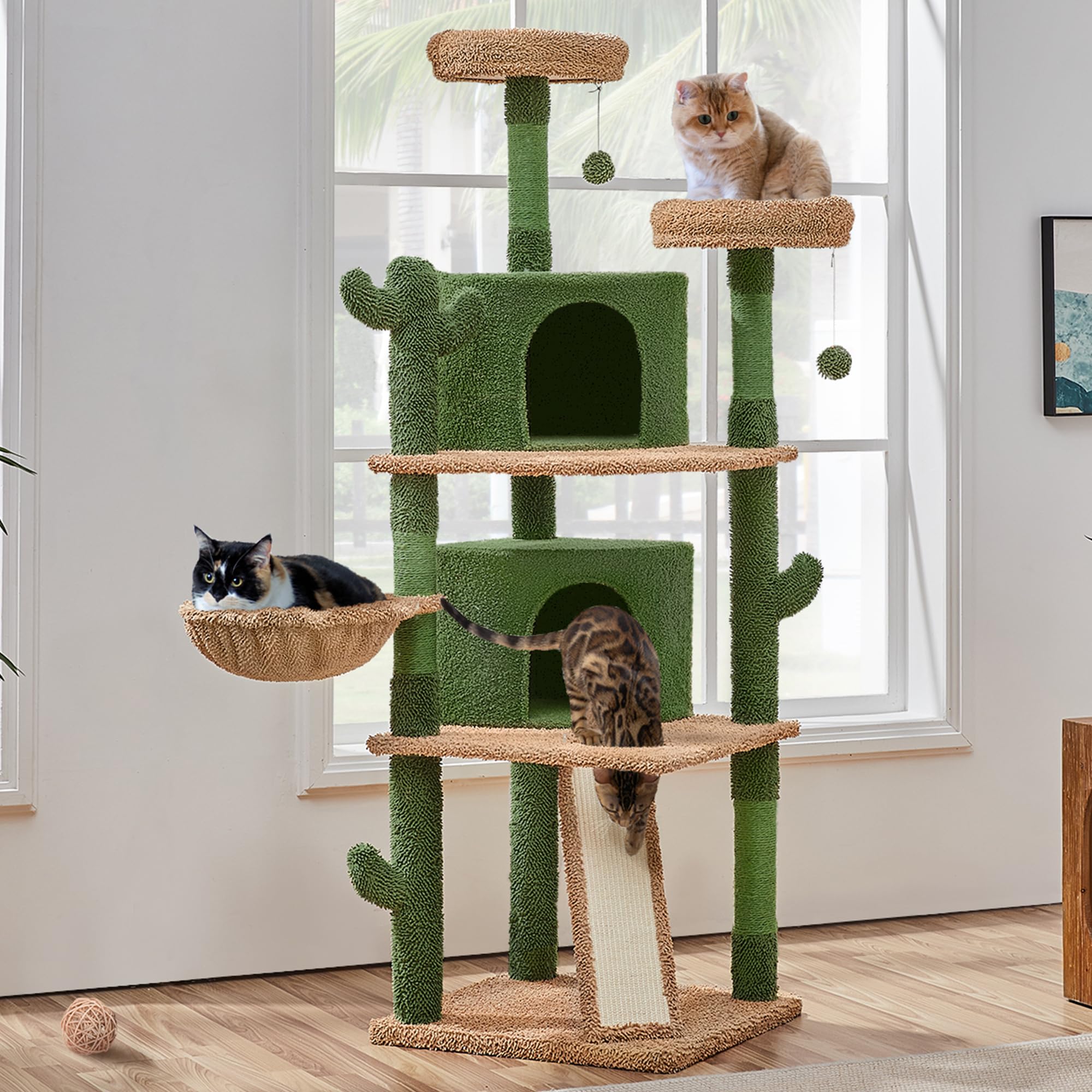 Yaheetech Cactus Cat Tree, 66?H Cat Tower For Indoor Cats, Multi-Level Cat Tree With Large Condos & Ramp, Pet Play House With Pa