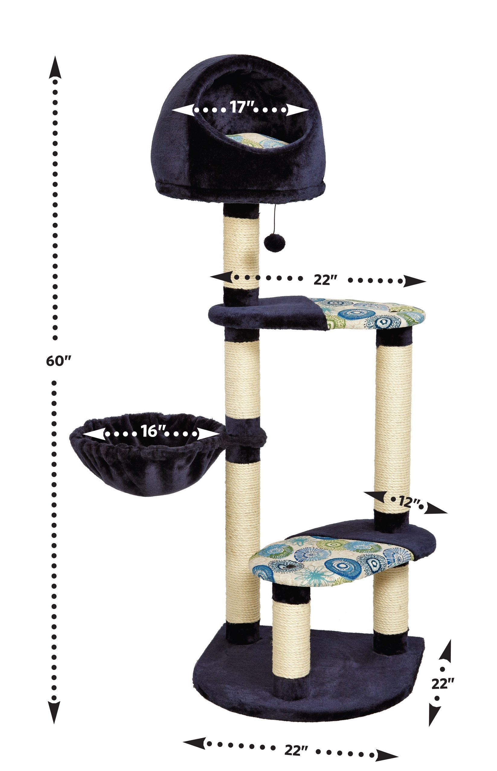 Midwest Homes For Pets Cat Tree Resort, 4-Tier Sisal Wrapped Cat Scratching Post, Blue/White Pattern, 24.75L X 37.25W X 60H Inch