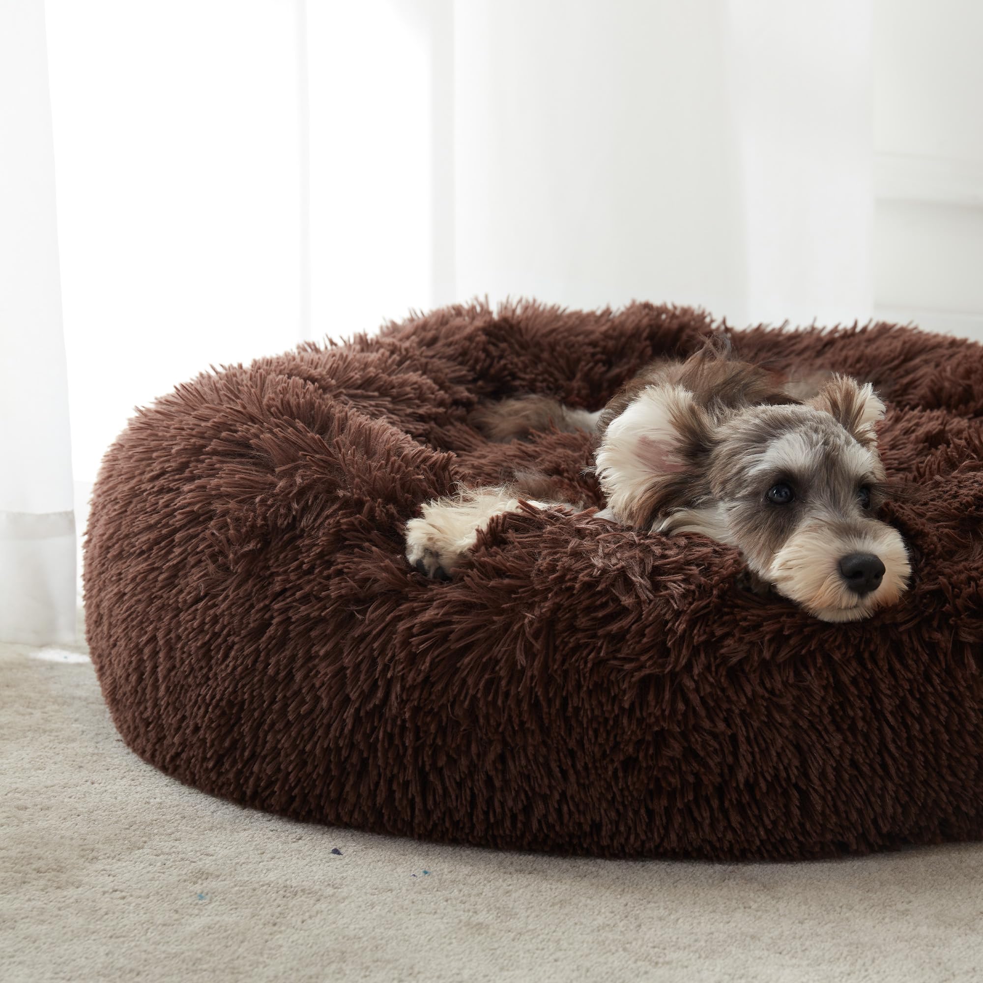 WESTERN HOME WH Calming Dog & Cat Bed, Faux Fur, Coffee, 27"x27"x8", Anti-Anxiety Donut Cuddler for Small/Medium Pets