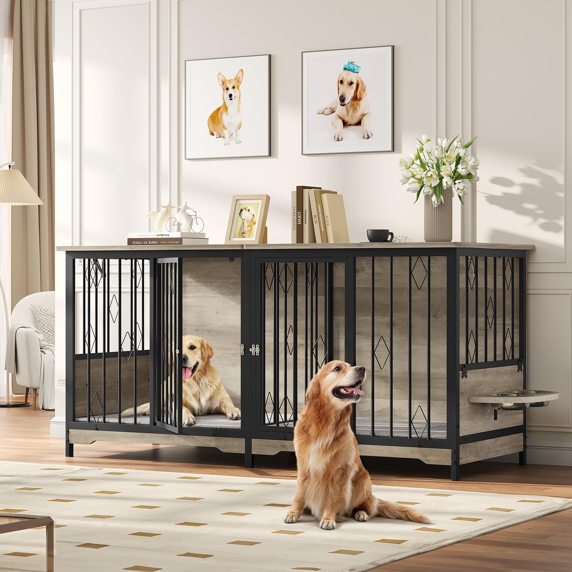 YITAHOME 71 Double Dog Crate Furniture with Divider, Wooden Large Dog Kennel with Flip-Top&4 Rotatable Bowls&2 Cushions, Dog Cra