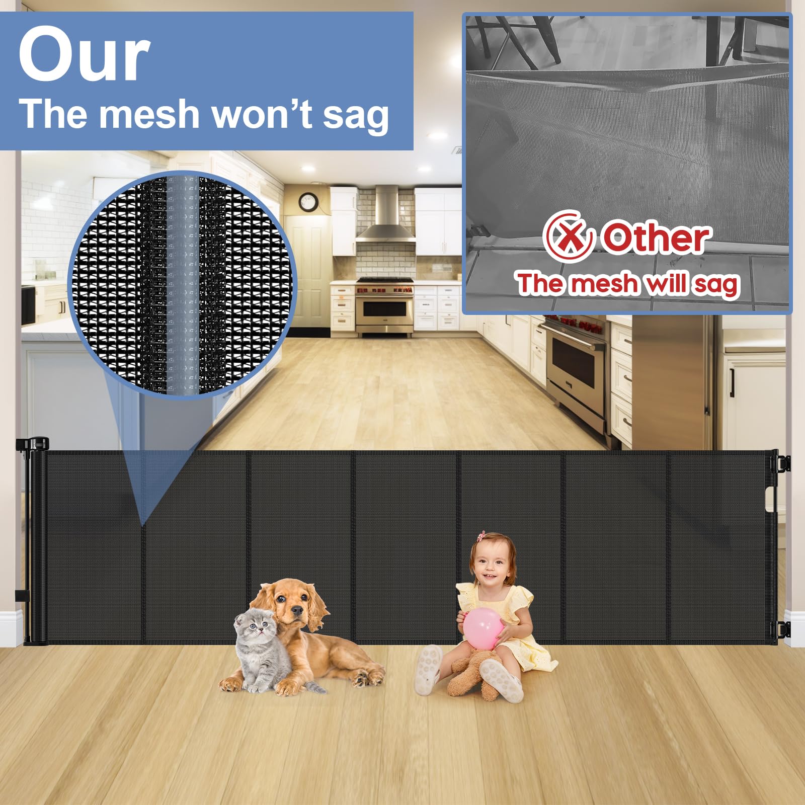 Reinforced 150 Inch Retractable Dog Gate for Doorways Stops Babies and Dogs from Crawling Under Retractable Baby Gates Extra Lon