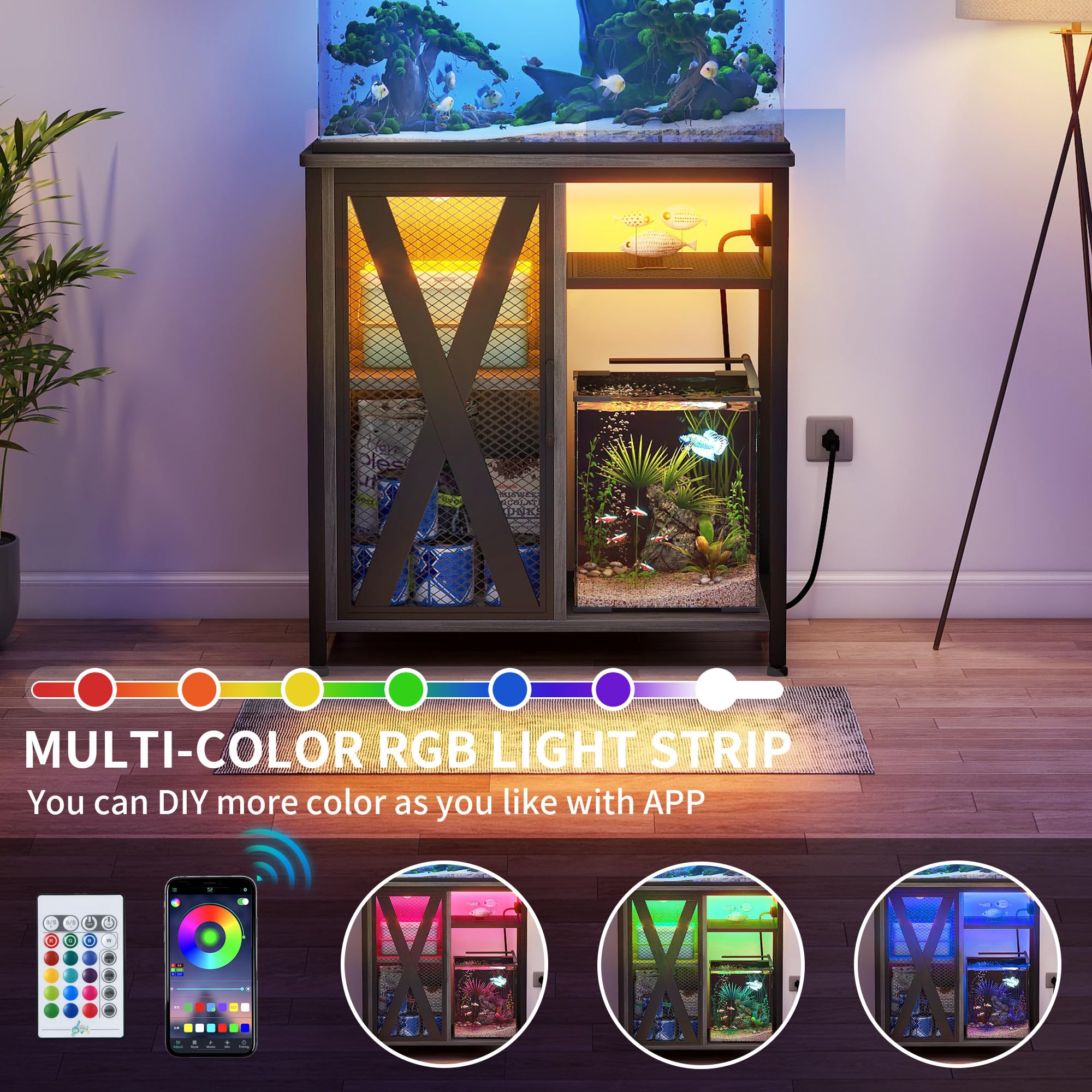DWVO 20-29 Gallon Aquarium Stand with Power Outlets & LED Light, Cabinet for Fish Tank Accessories Storage - Metal Fish Tank Sta