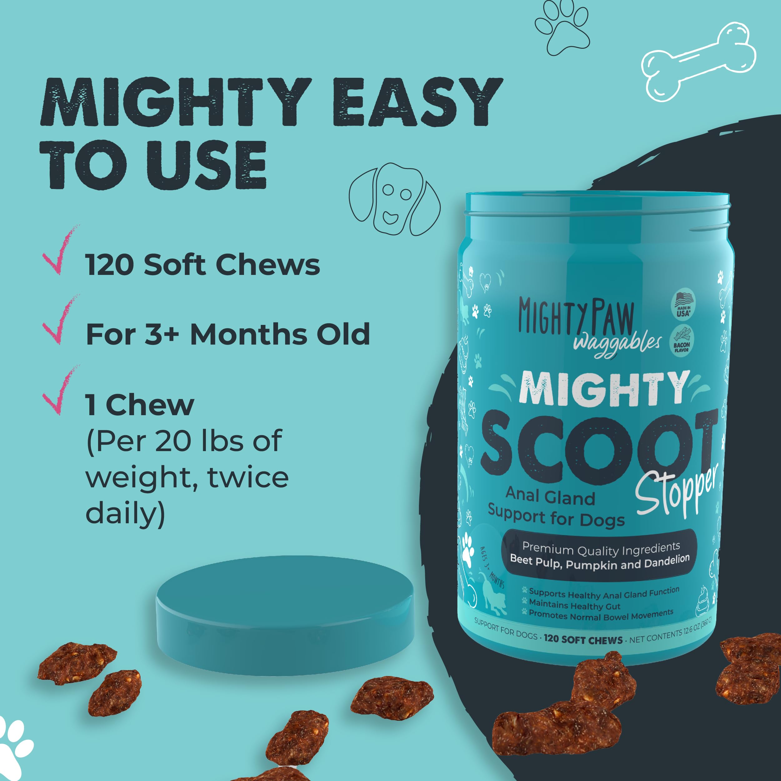 Mighty Paw Waggables Mighty Scoot (Made in USA) | Dog Digestive Support Anal Gland Chews. Anal Gland Scoot for Dogs. Beet Pulp &