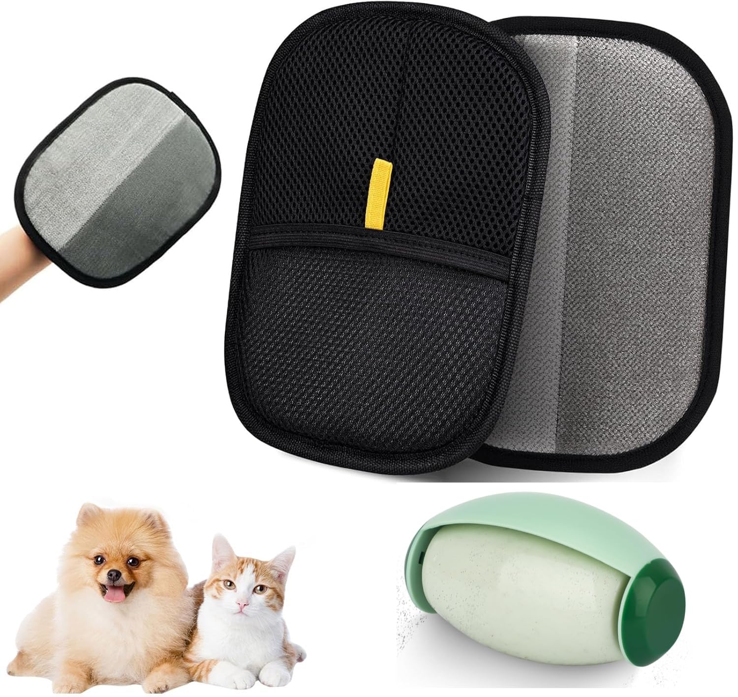 Pet Hair Remover Set  Electrostatic Grooming Glove & Reusable Lint Roller Ball For Cat & Dog Hair, Furniture, Clothes, Carpet &