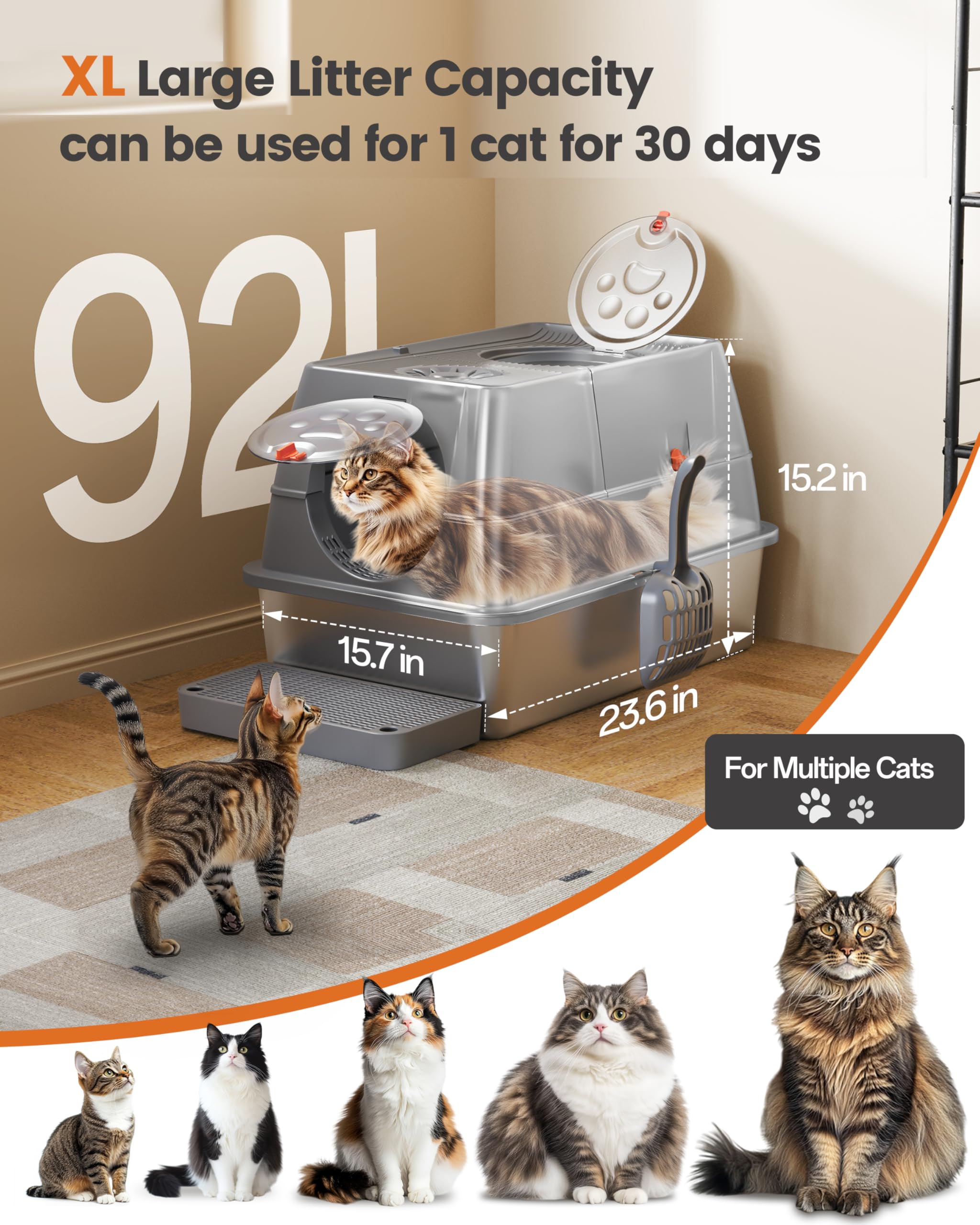 Aoktech Stainless Steel Litter Box With Lid Large Enclosed High Sided Covered Metal Steel Cat Litter Box With Steps Scoop, Easy