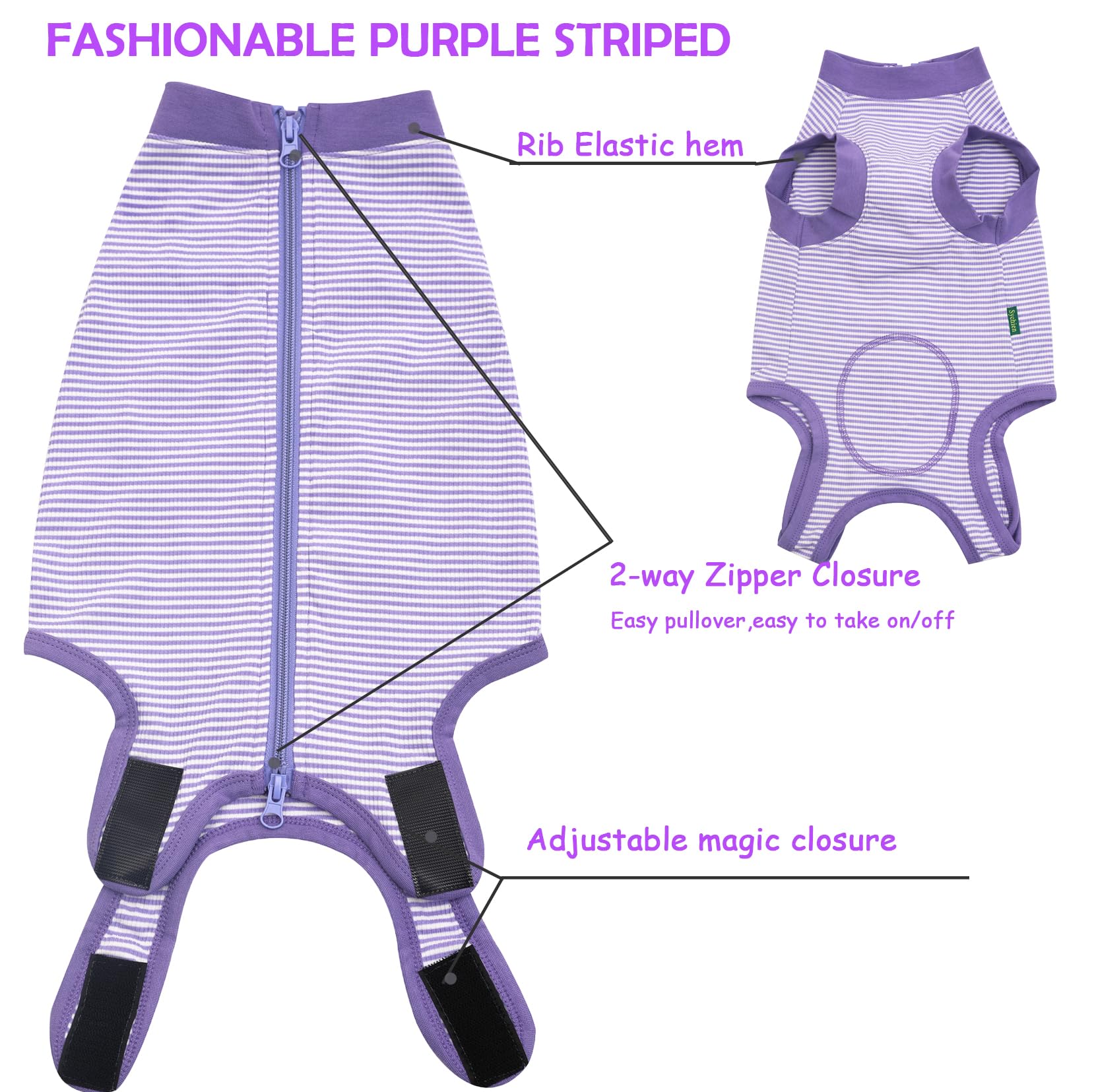 Sychien Dog Recovery Suit Purple Female Spay Surgical Medium Shirt, Male Surgery Recovery Suit,Purple-White Striped L