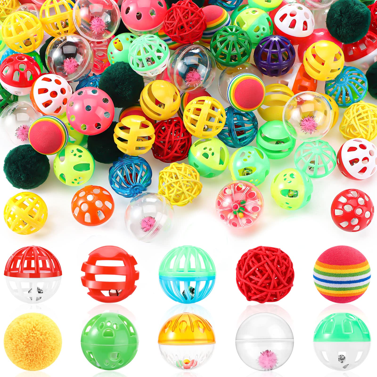 Hungdao 100 Pcs Cat Toys Bulk Plastic Cat Balls Small Crinkle Cat Ball Assorted Cat Balls with Bell for Kitten Kitty Pet Chase P