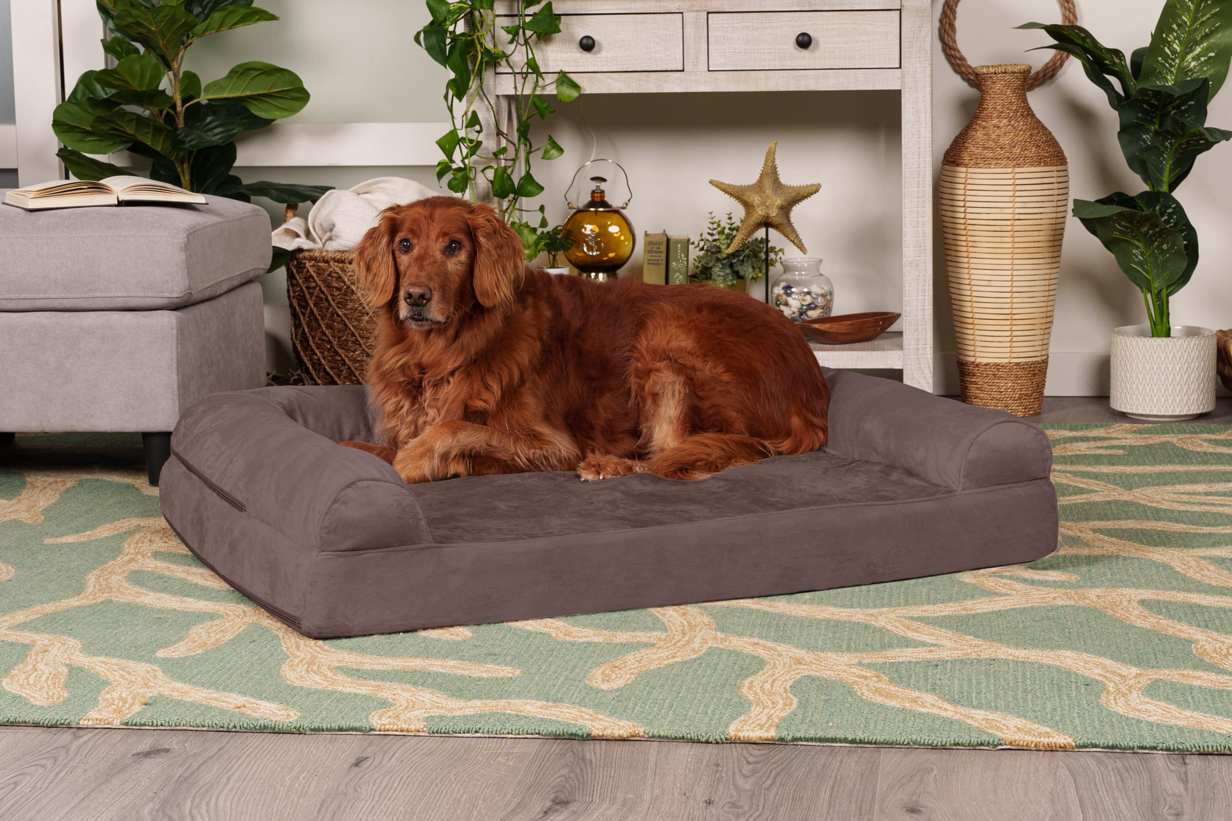 Furhaven Orthopedic Dog Bed For Large Dogs W/ Removable Bolsters & Washable Cover, For Dogs Up To 95 Lbs - Faux Fur & Velvet Sofa - Driftwood Brown, Jumbo/Xl