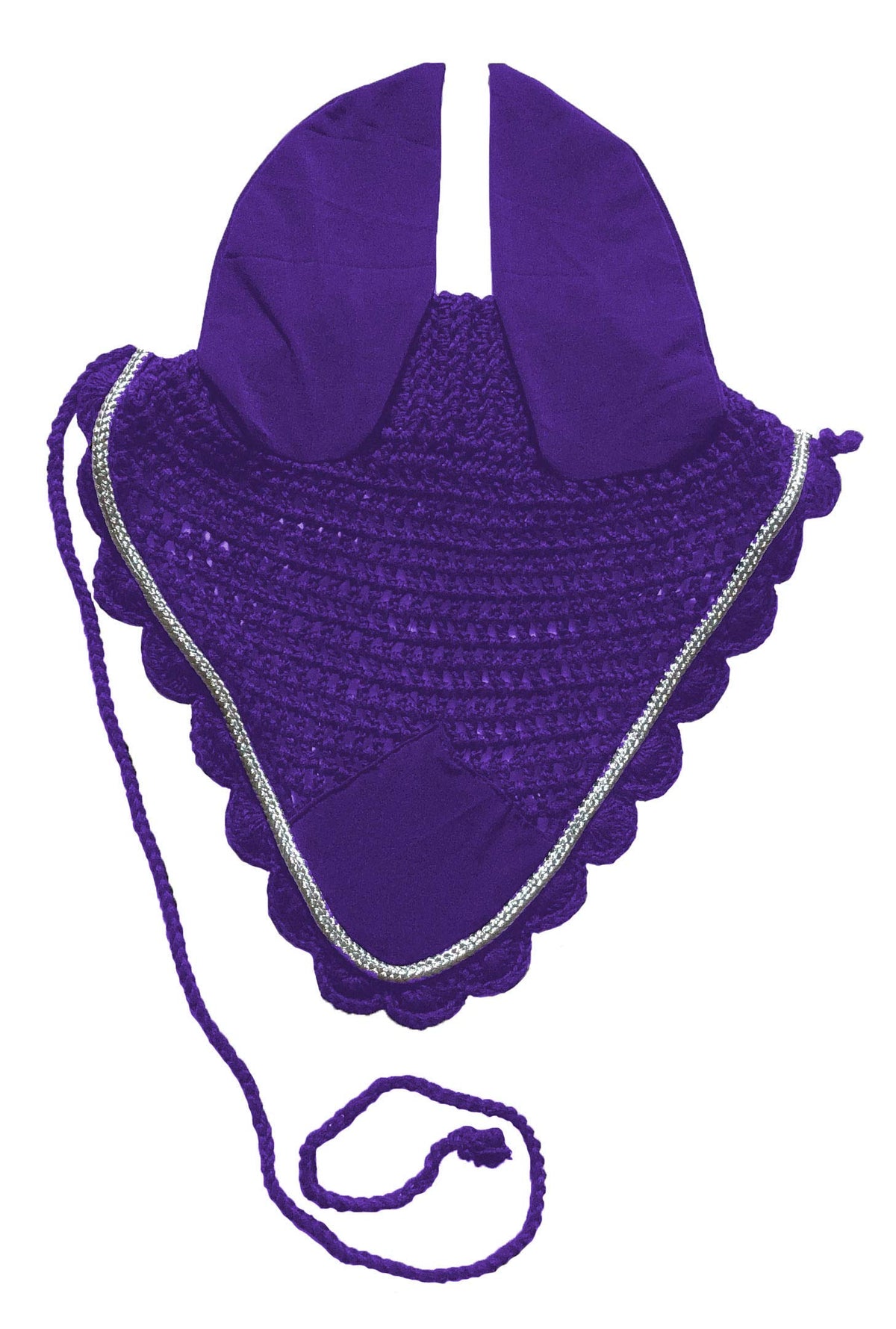 Crocheted Fly Hood Horse Ear Bonnet with Silver Metallic Piping Trim (Purple)