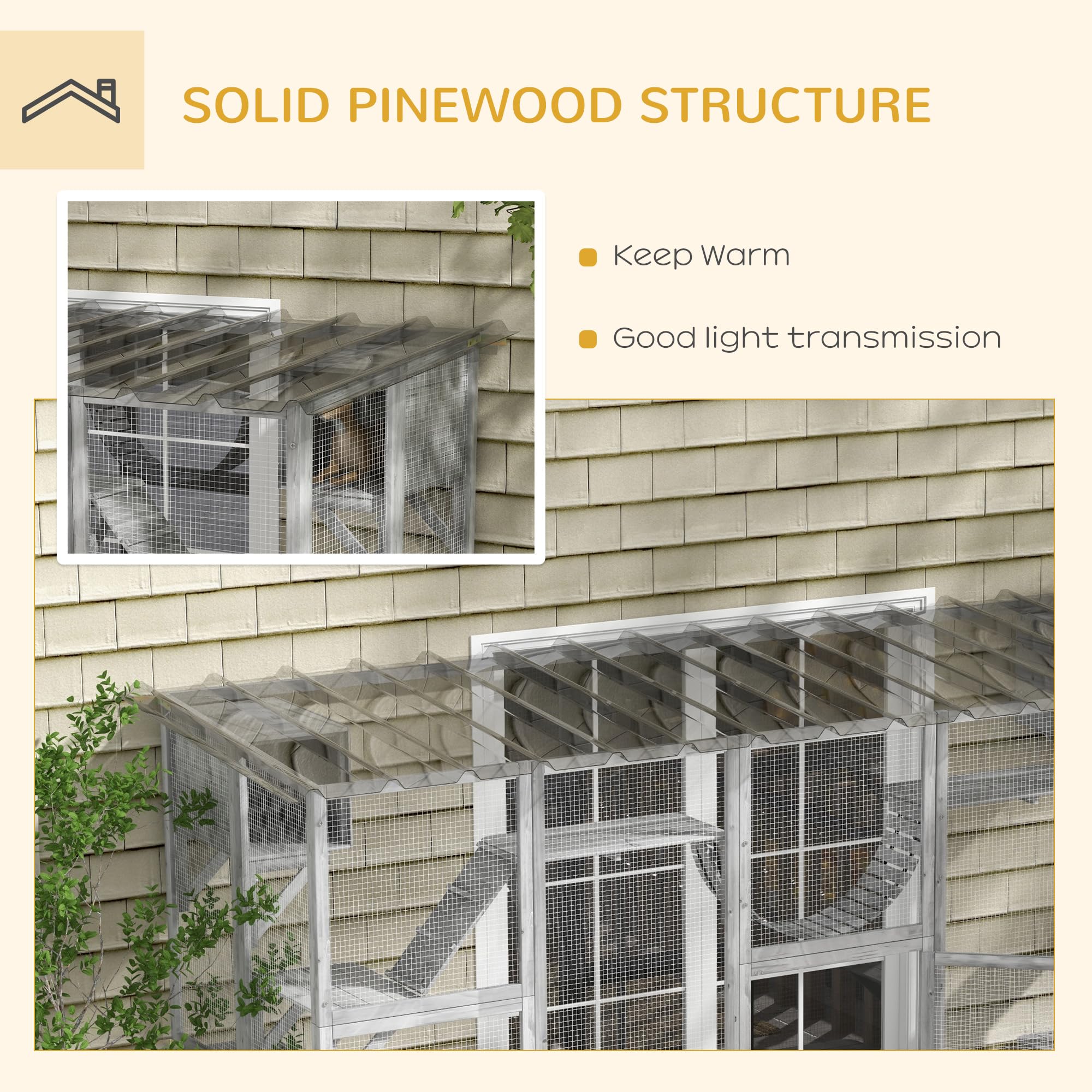 Pawhut Catio Playground Cat Window Box Outside Enclosure, Outdoor Cat House With Weather Protection Roof For Multiple Kitties, Wooden Frame, Shelves & Bridges, 118' X 37.5' X 74', Gray