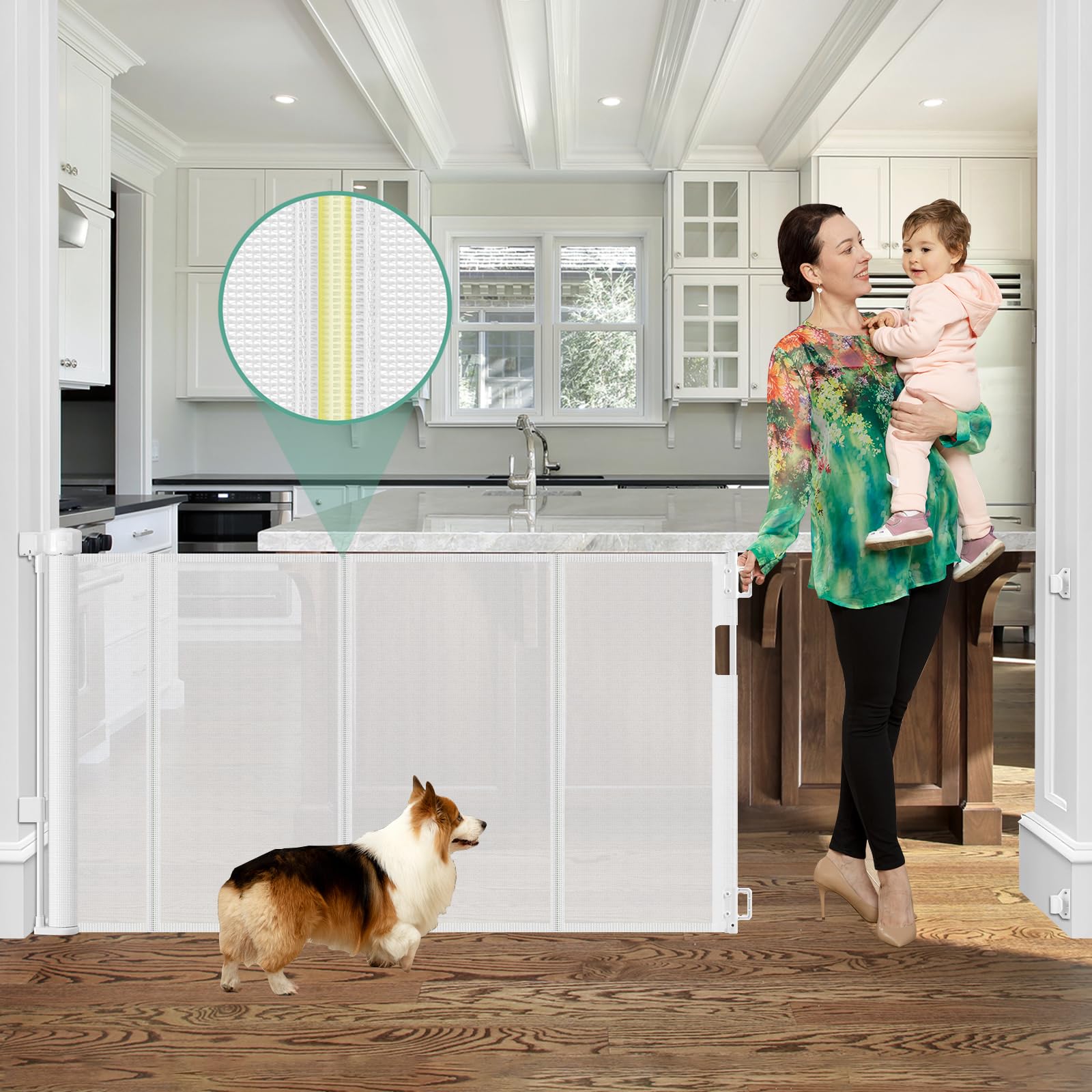 Reinforced 60 Wide Retractable Baby Gate with Reinforced Rods, 5 ft Retractable Dog Gate Indoor/Outdoor Baby Gate Retractable Ga