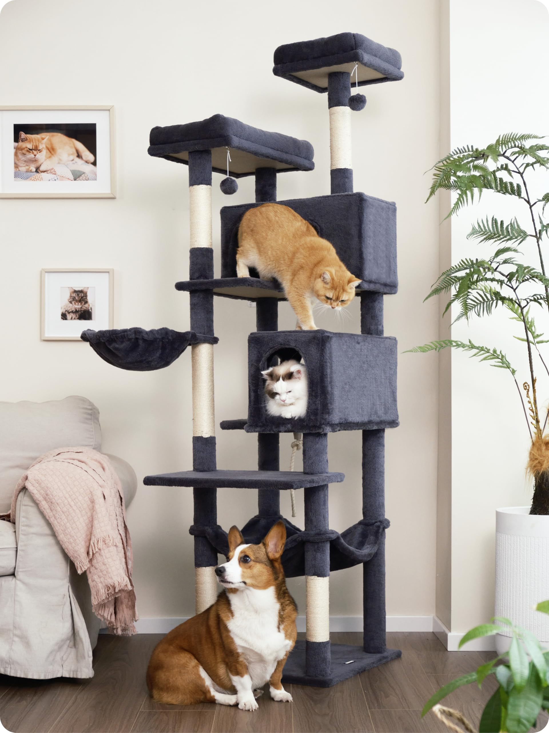Ouritsu Cat Tree, 73.6 Inch Tall Cat Climbing Tower For Large Cat Indoor With 2 Large Condos, 2 Widened Perches, Sisal Covered S