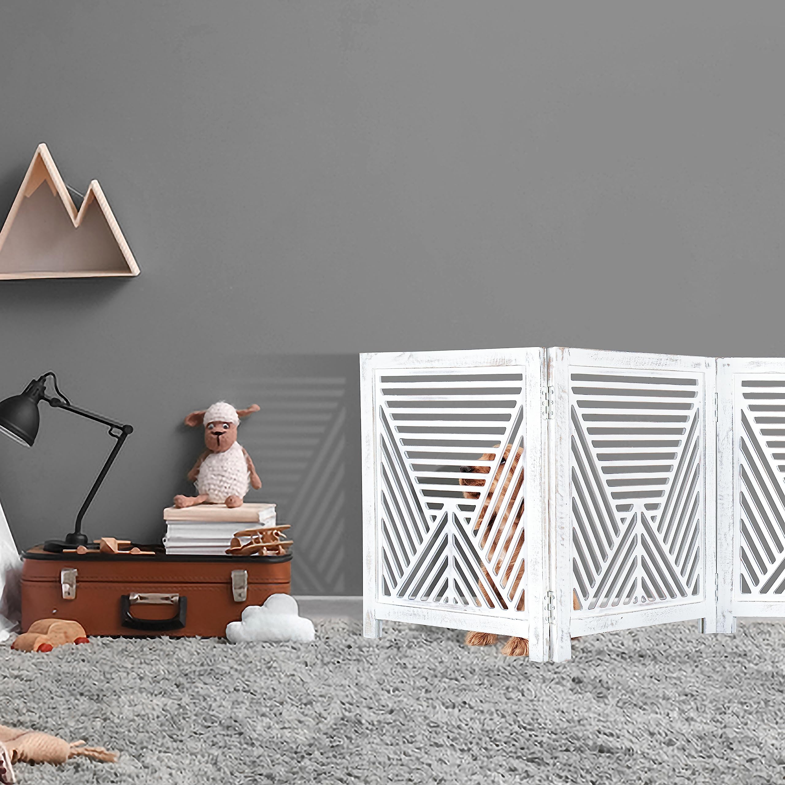 Lightnpro Geometric Wooden Pet Gate - Foldable Freestanding Safety Gate for Dogs, Puppies & Small Pets, Indoor Fence for Stairs,