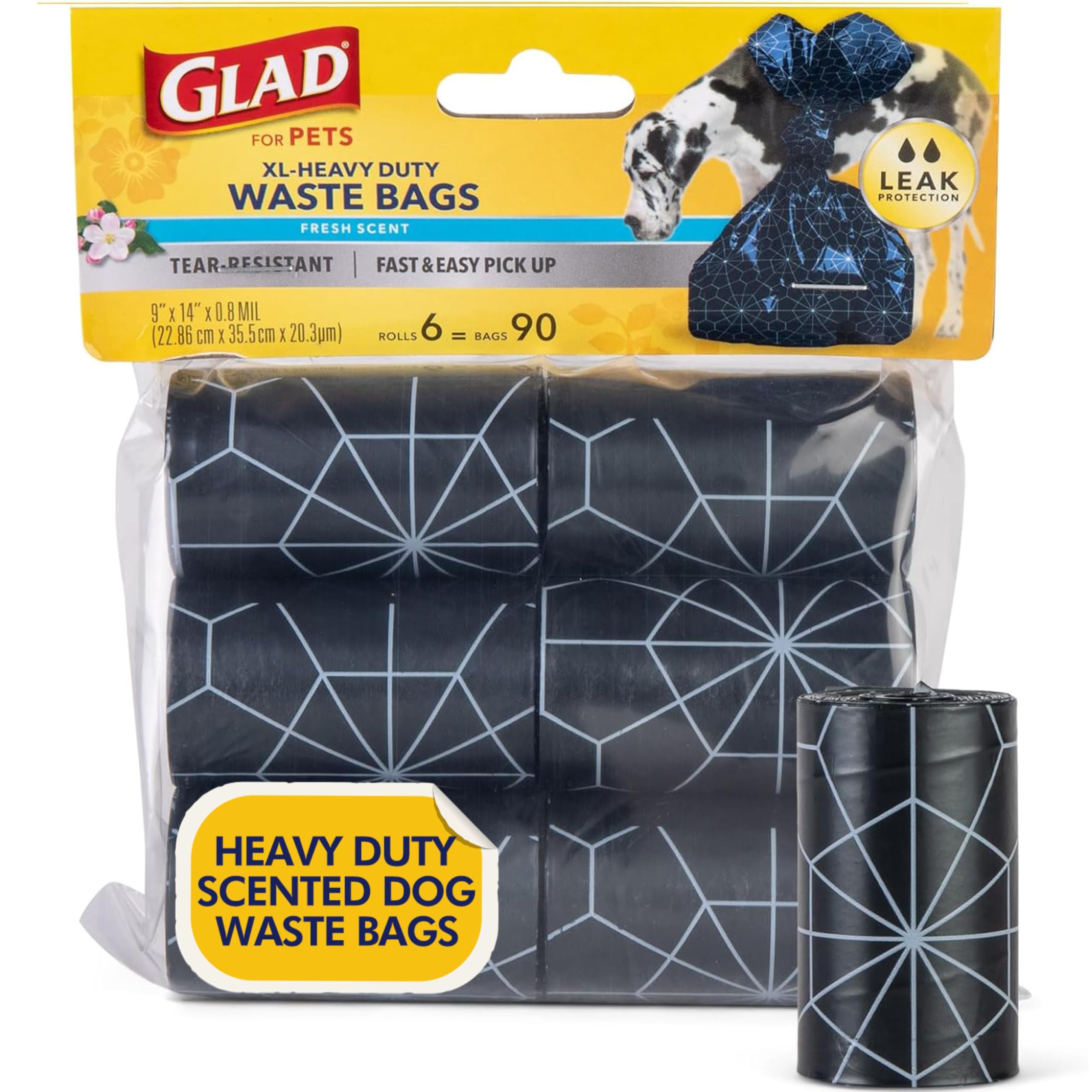 Glad For Pets Extra Large Dog Poop Bags 6 Rolls, 90 Count, Fresh Scent - Heavy Duty Scented Poop Bags - Tear Resistant Doggie Po