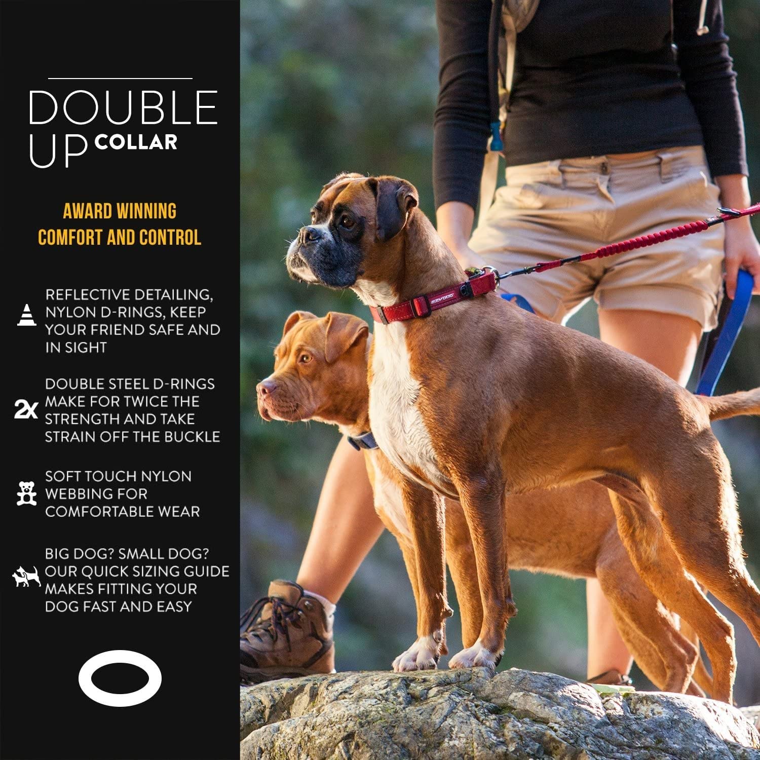 EzyDog Double Up Dog Collar - Reflective Large Dog Collar with ID Tag D-Ring, For Small, Medium & Large Dogs - Supreme Comfort w