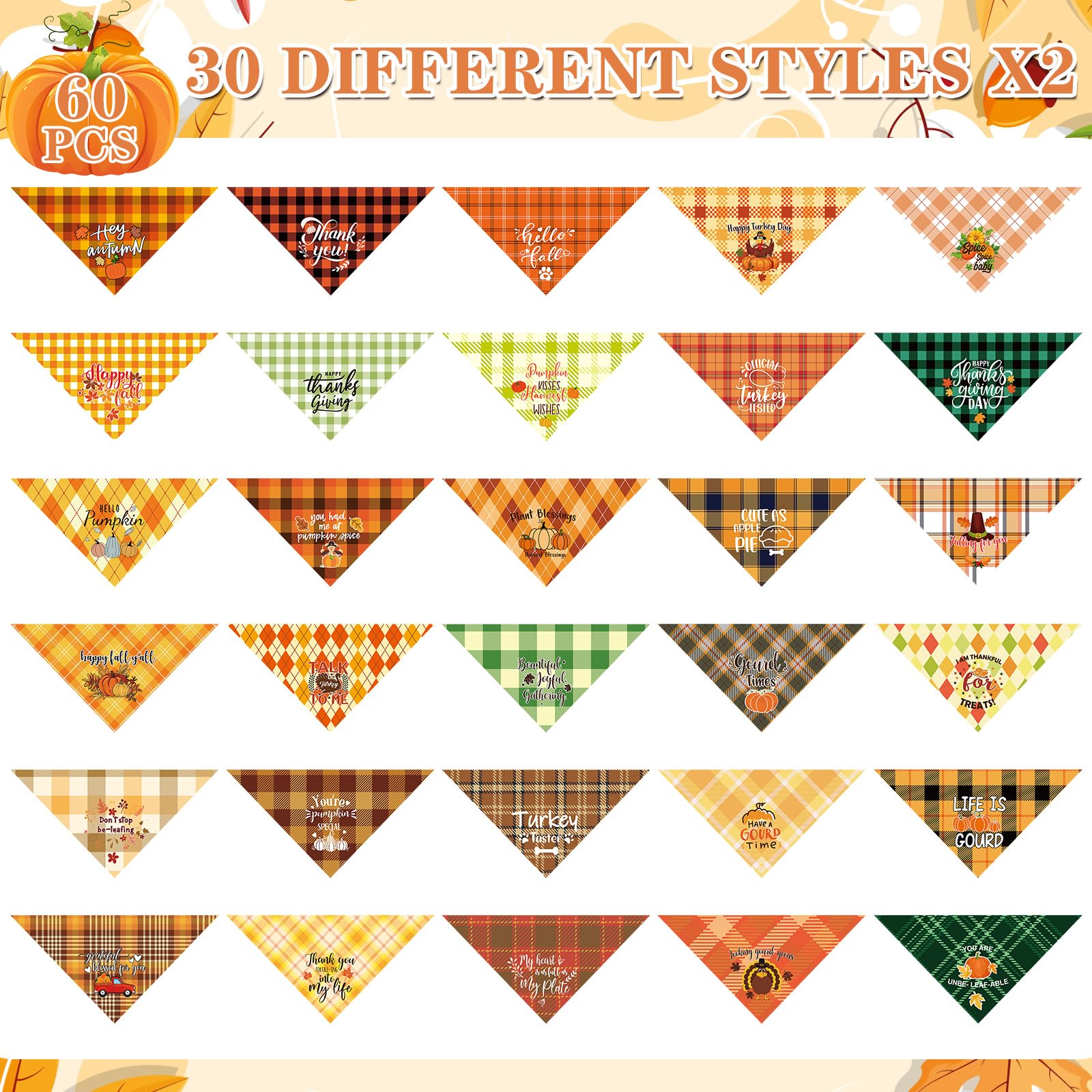 Silkfly 60 Pcs Fall Dog Bandanas Bulk Plaid Bandanas for Dogs Autumn Scarf Bibs Thanksgiving Adjustable Triangle Scarves Kerchie