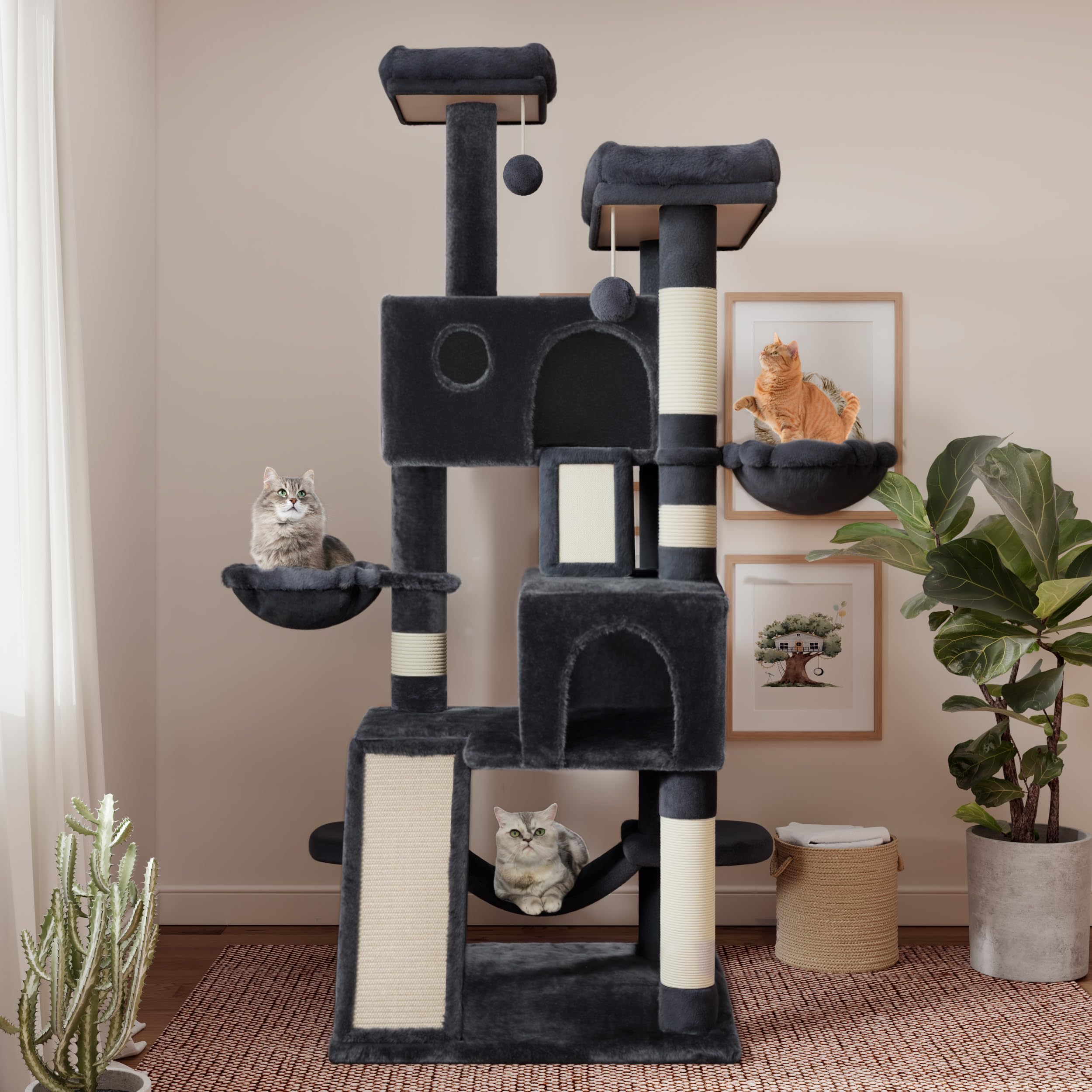 Sha Cerlin 65In Larger Cat Tree Tower Condo For Indoor Kitties/Multi-Level Furniture Activity Center With Wide Base/Cozy Plush Cat Perches/Baskets/Sisal Scratching Posts And Hammock/Dark Grey